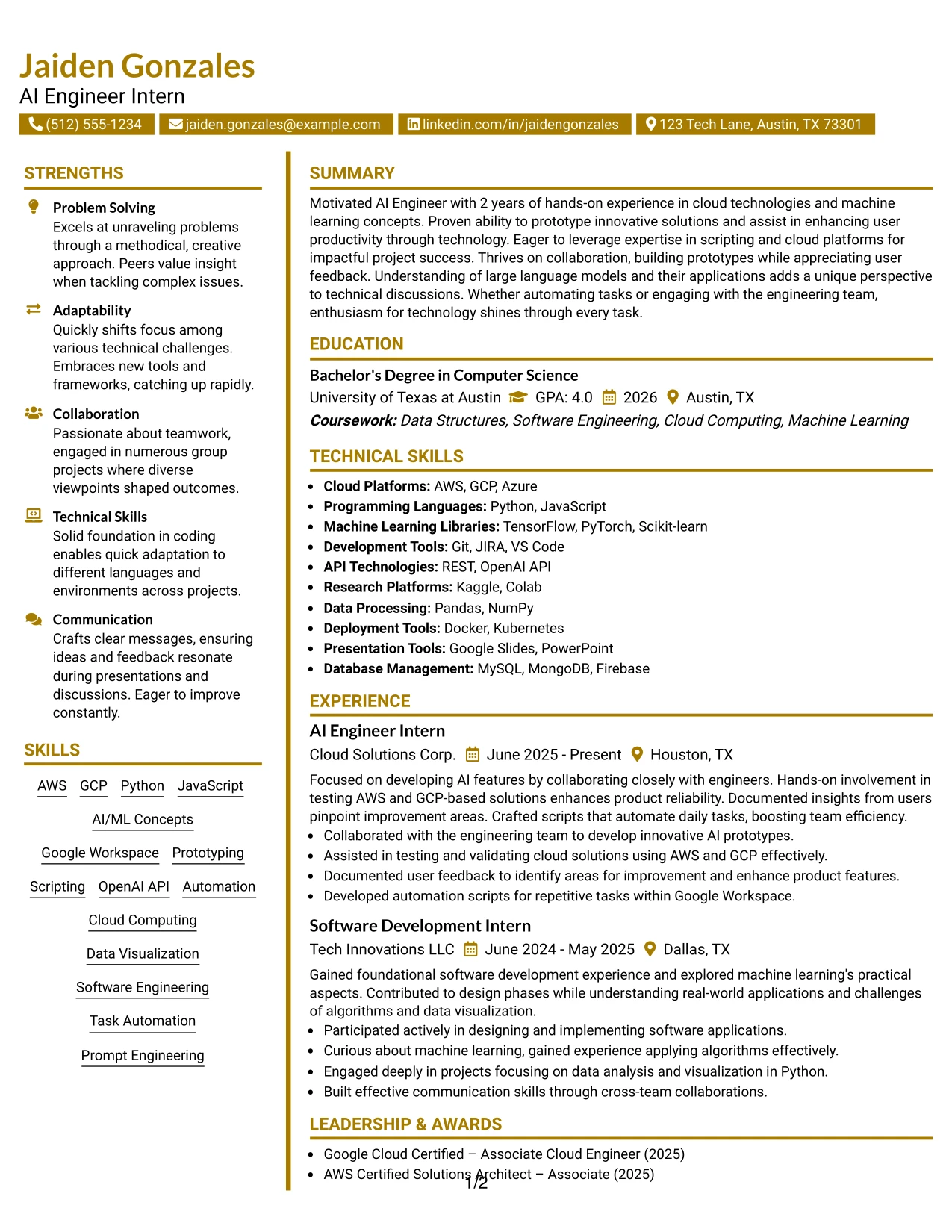 Resume Example Page 1