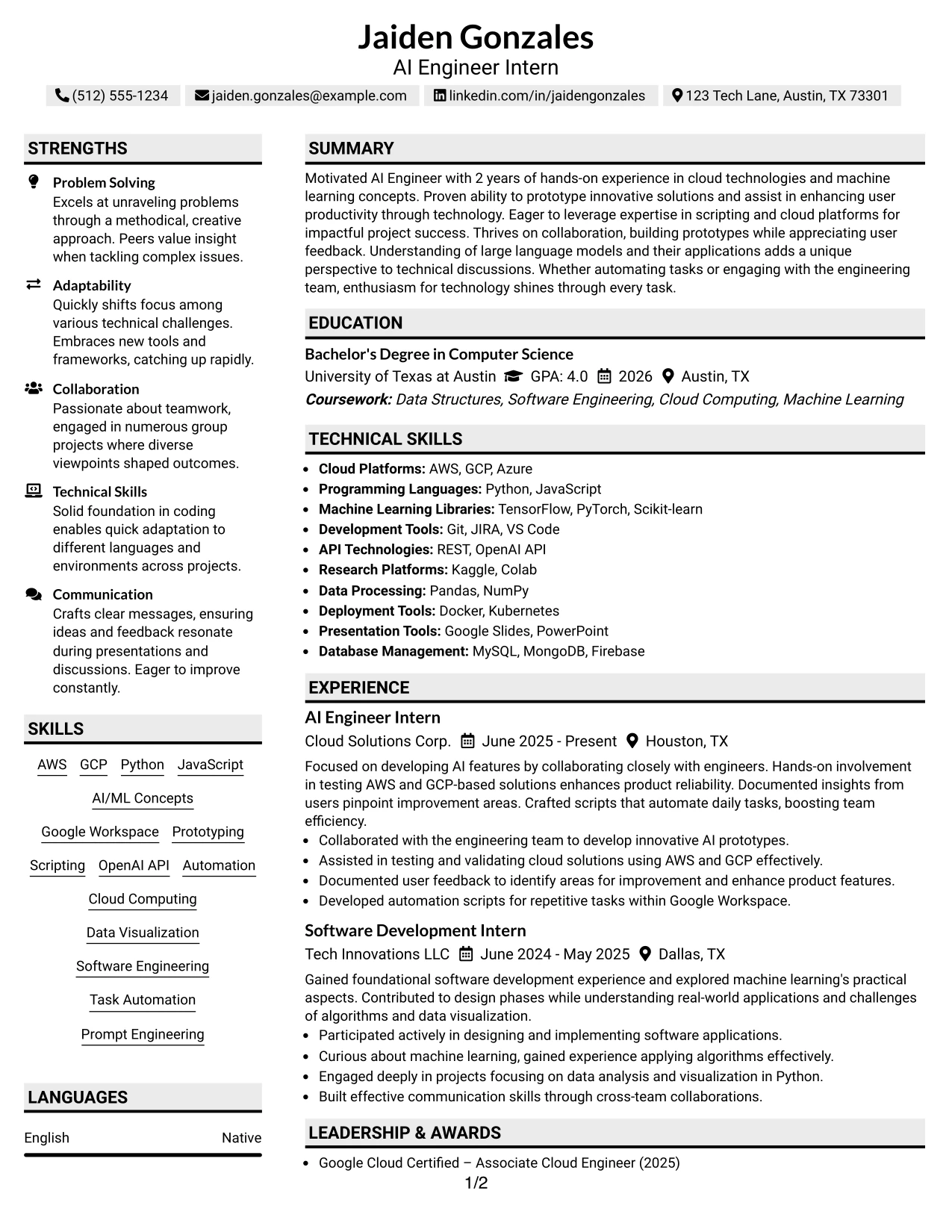 Resume Example Page 1