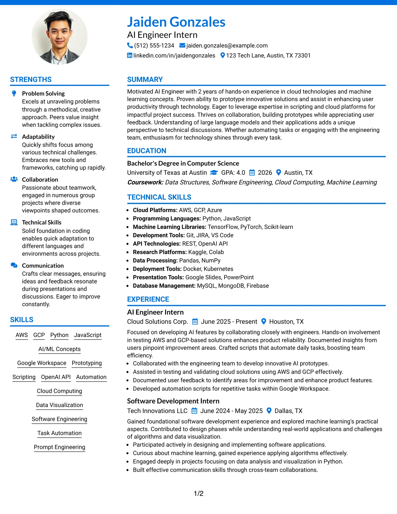 Resume Example Page 1