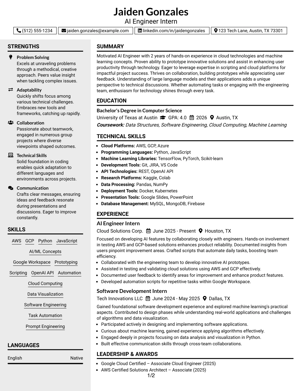 Resume Example Page 1
