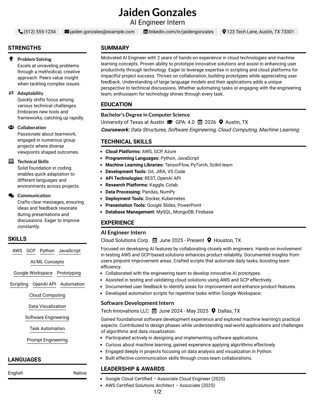 Resume Example Page 1
