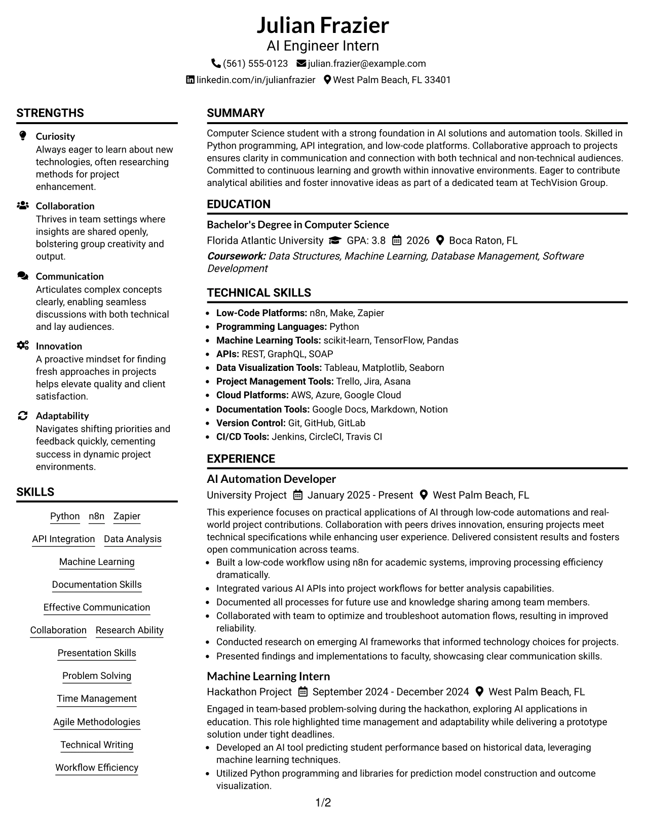 Resume Example Page 1