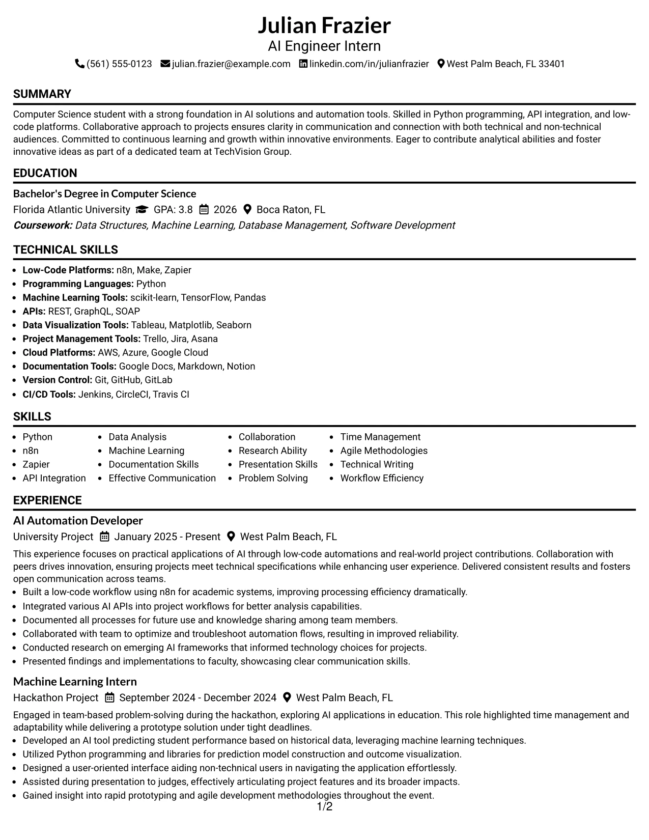 Resume Example Page 1