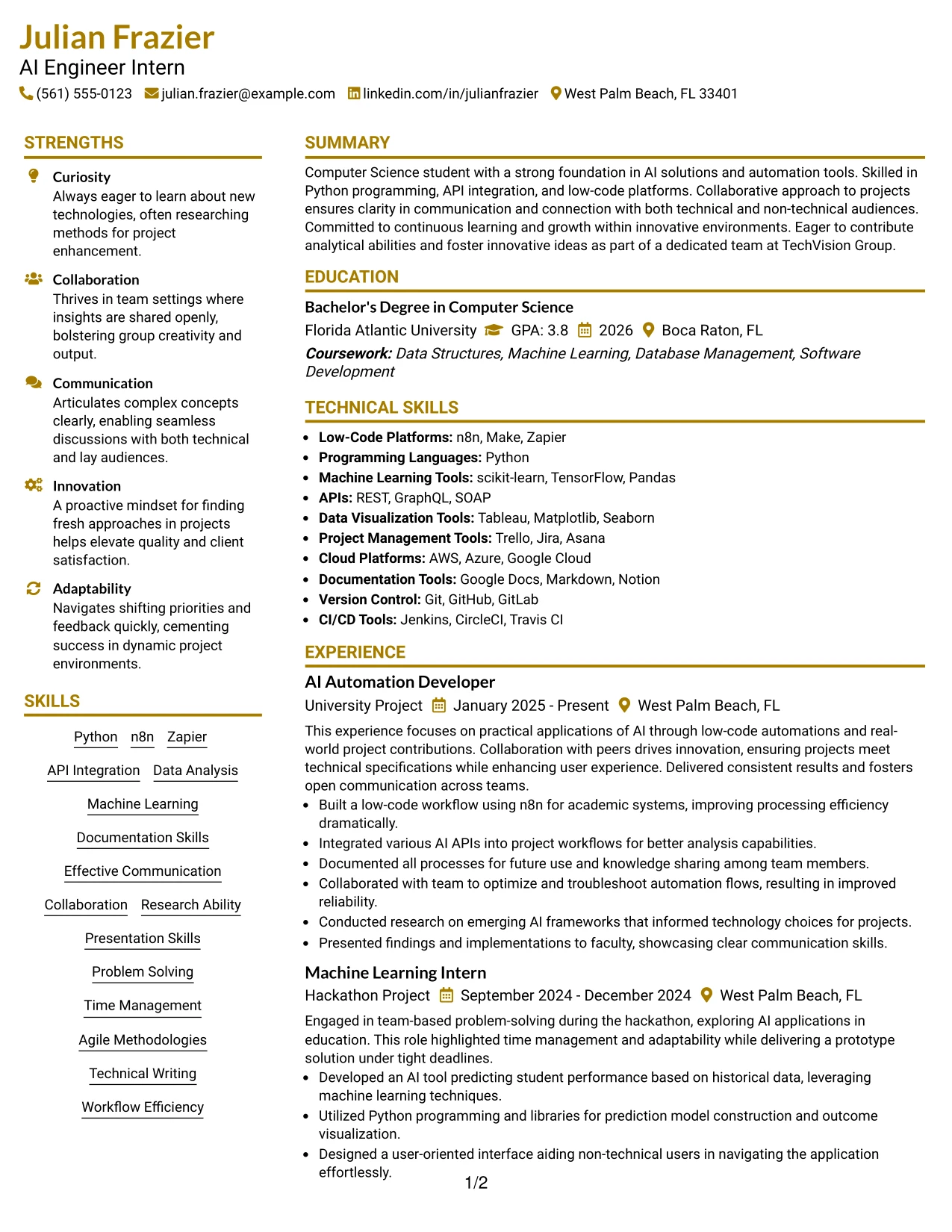 Resume Example Page 1