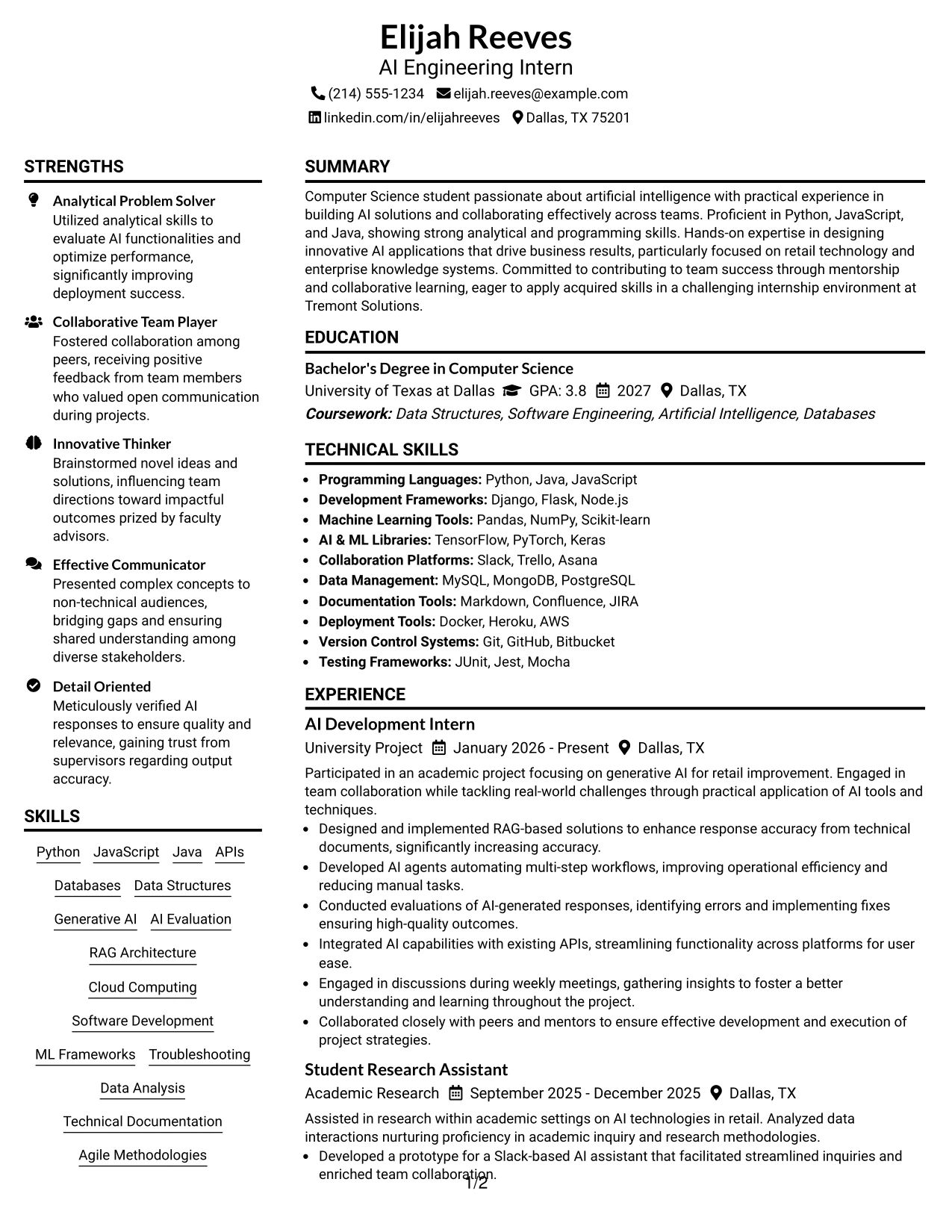 Resume Example Page 1