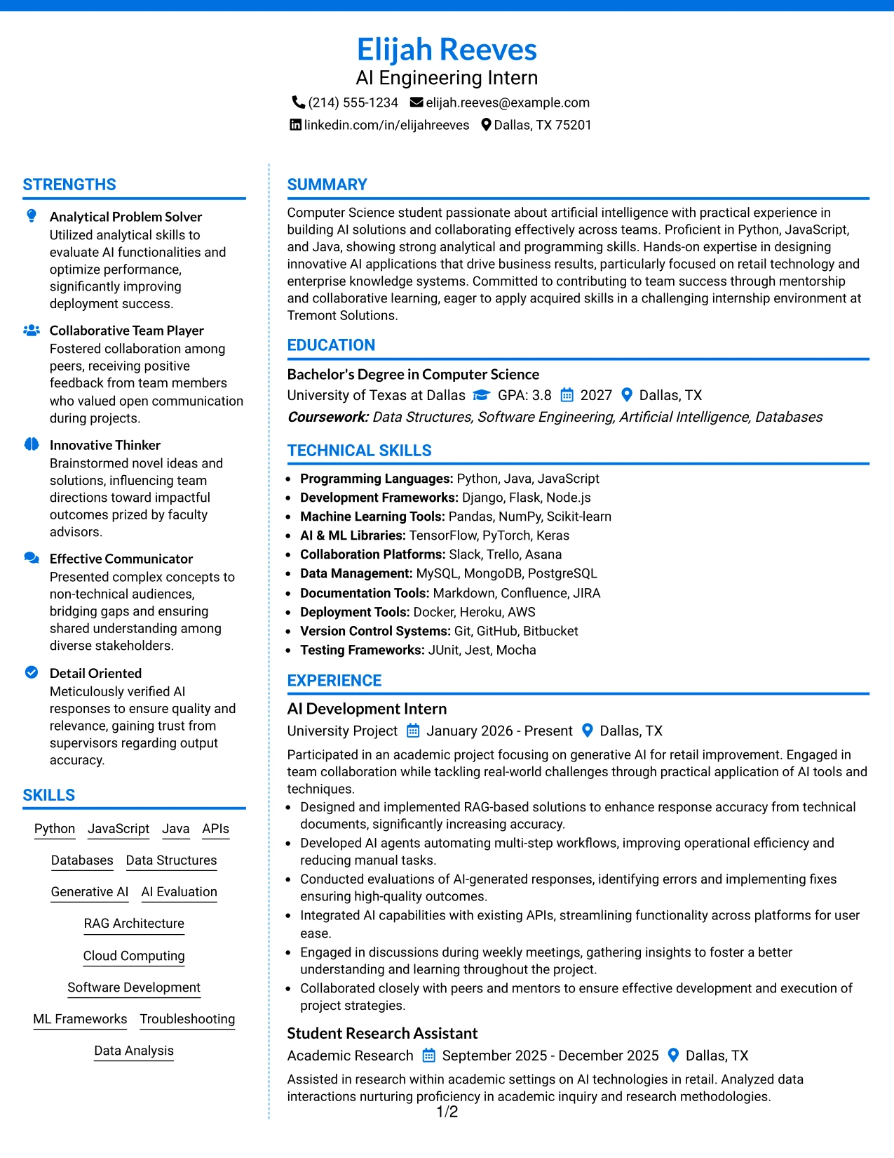 Resume Example Page 1