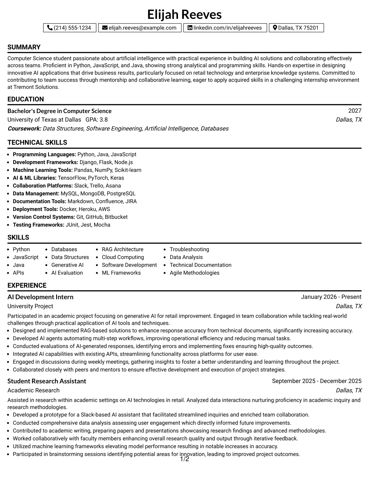 Resume Example Page 1