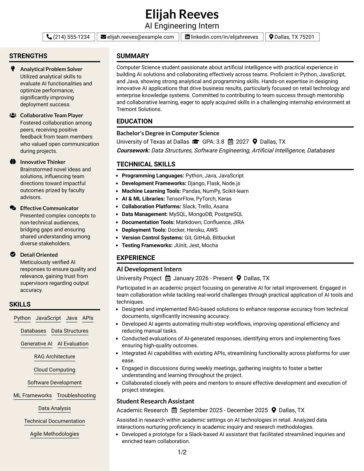 Resume Example Page 1