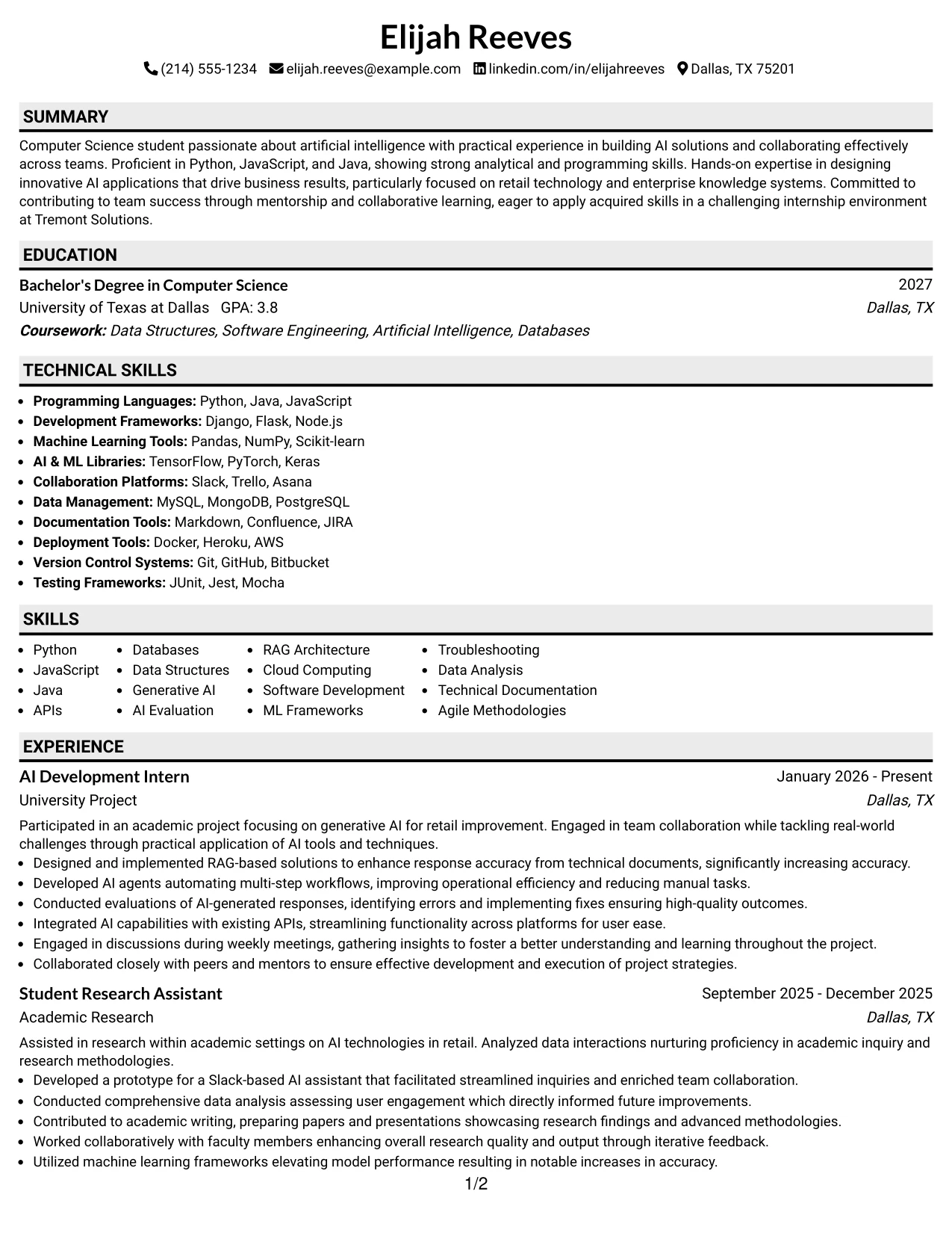 Resume Example Page 1