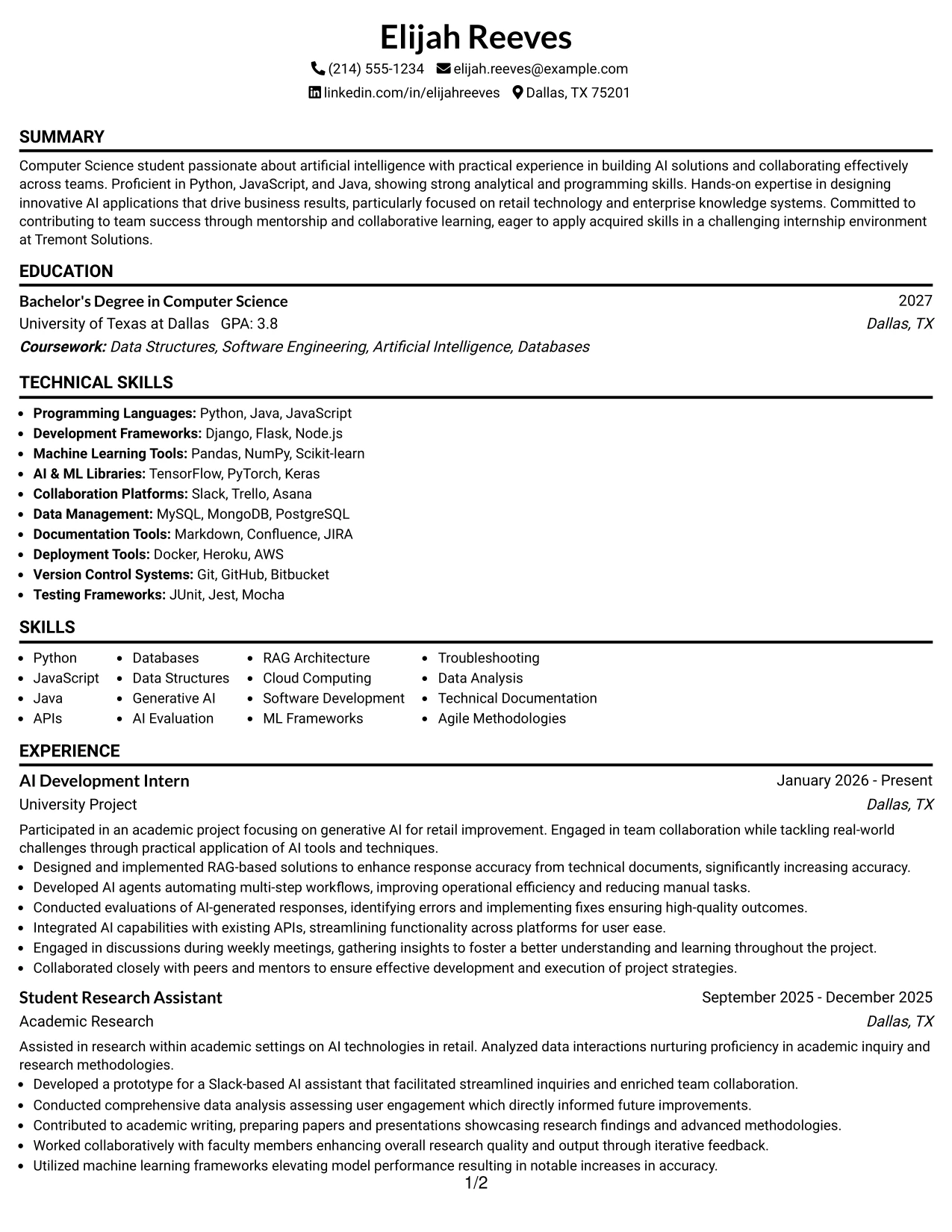 Resume Example Page 1
