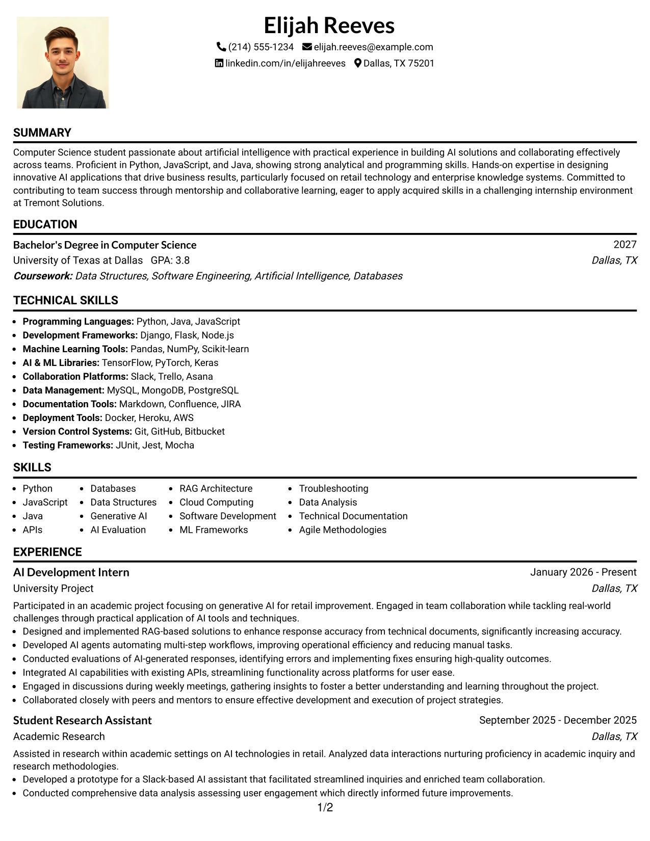 Resume Example Page 1
