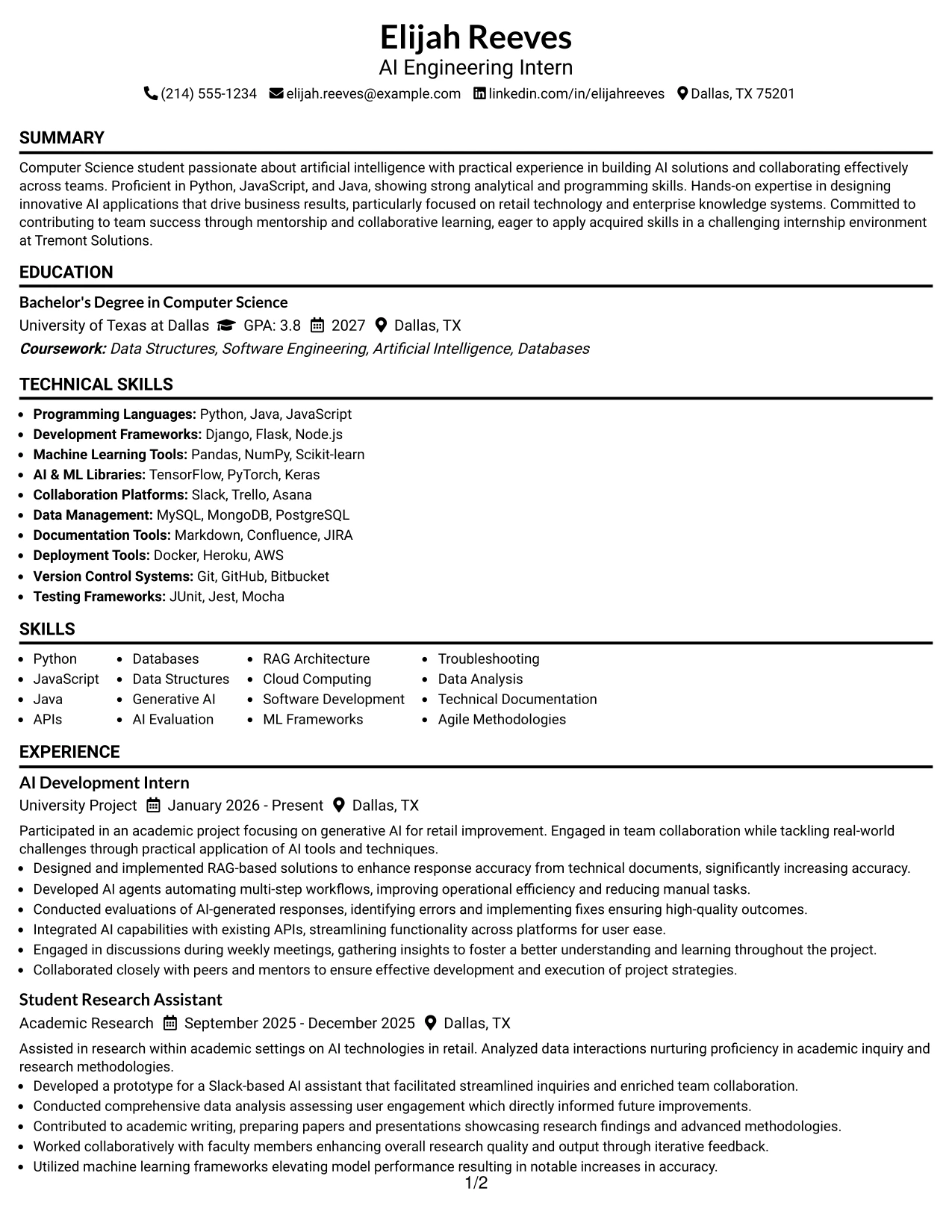 Resume Example Page 1