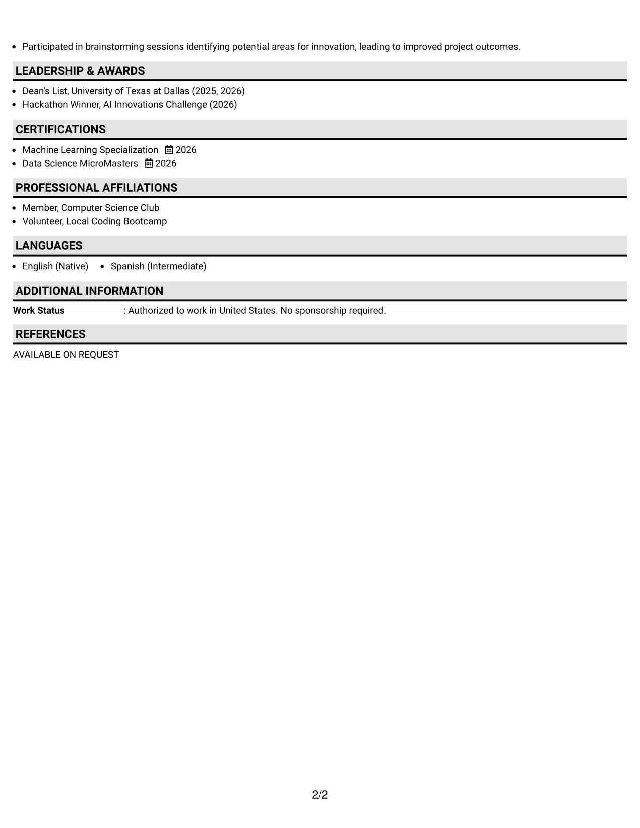 Resume Example Page 2