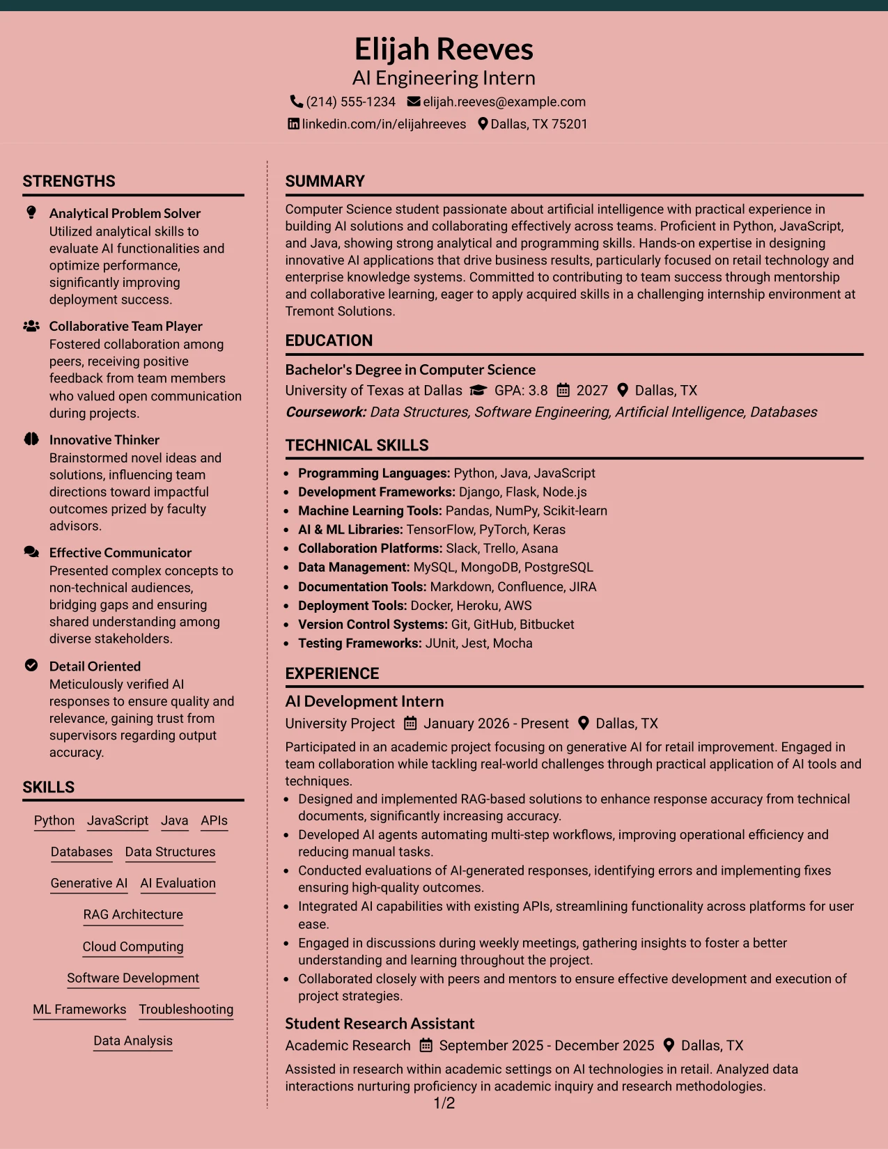 Resume Example Page 1