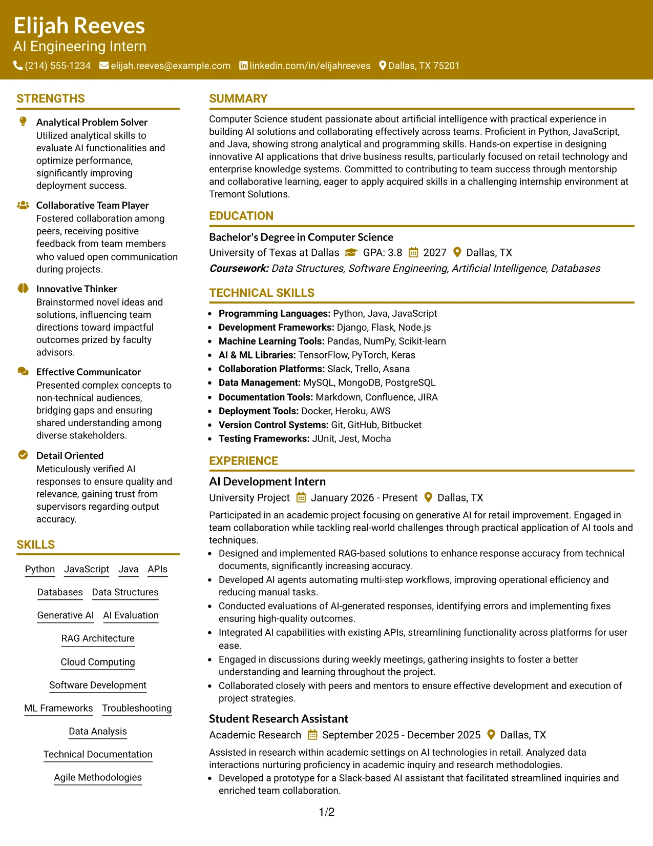 Resume Example Page 1