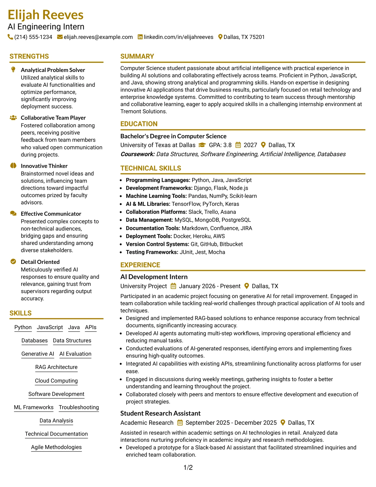 Resume Example Page 1