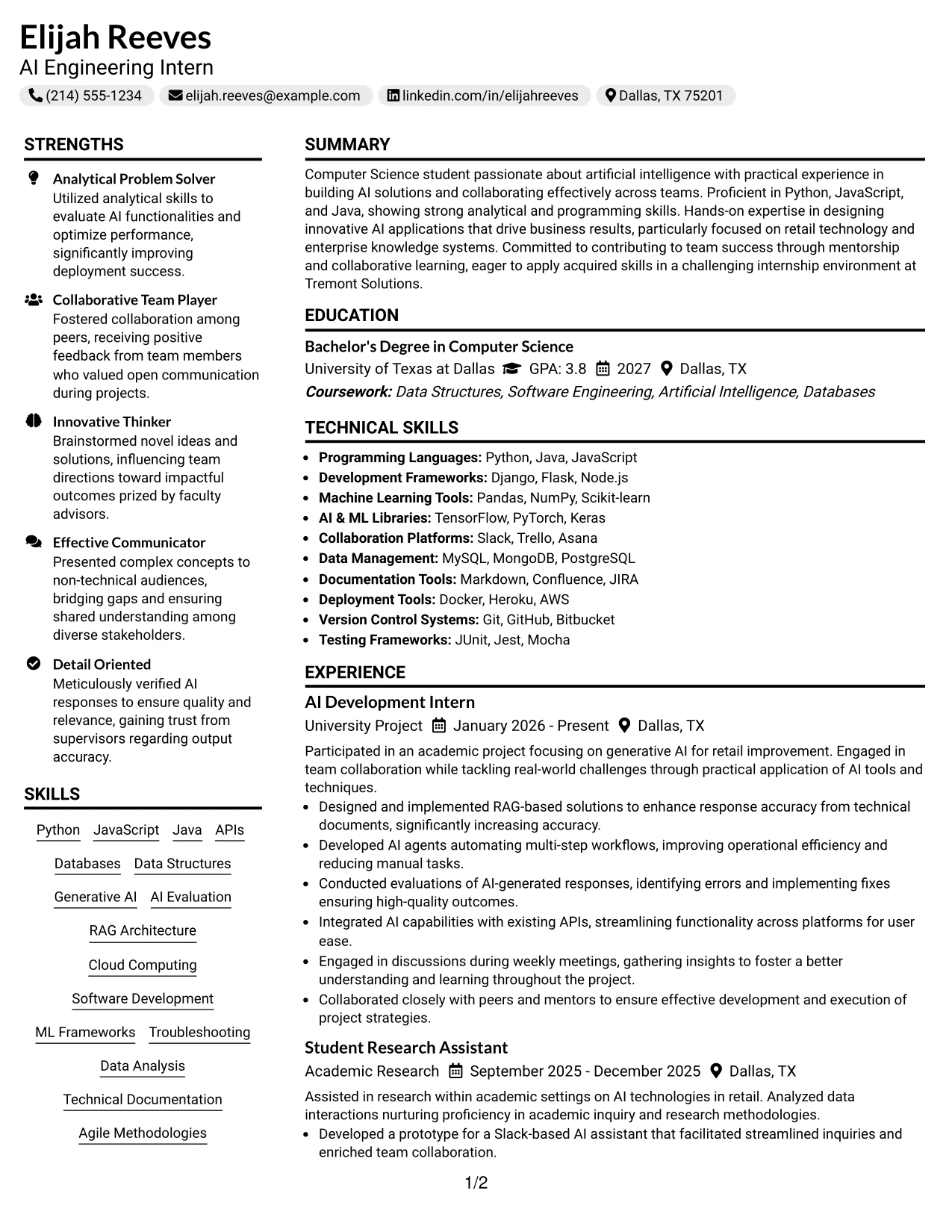 Resume Example Page 1