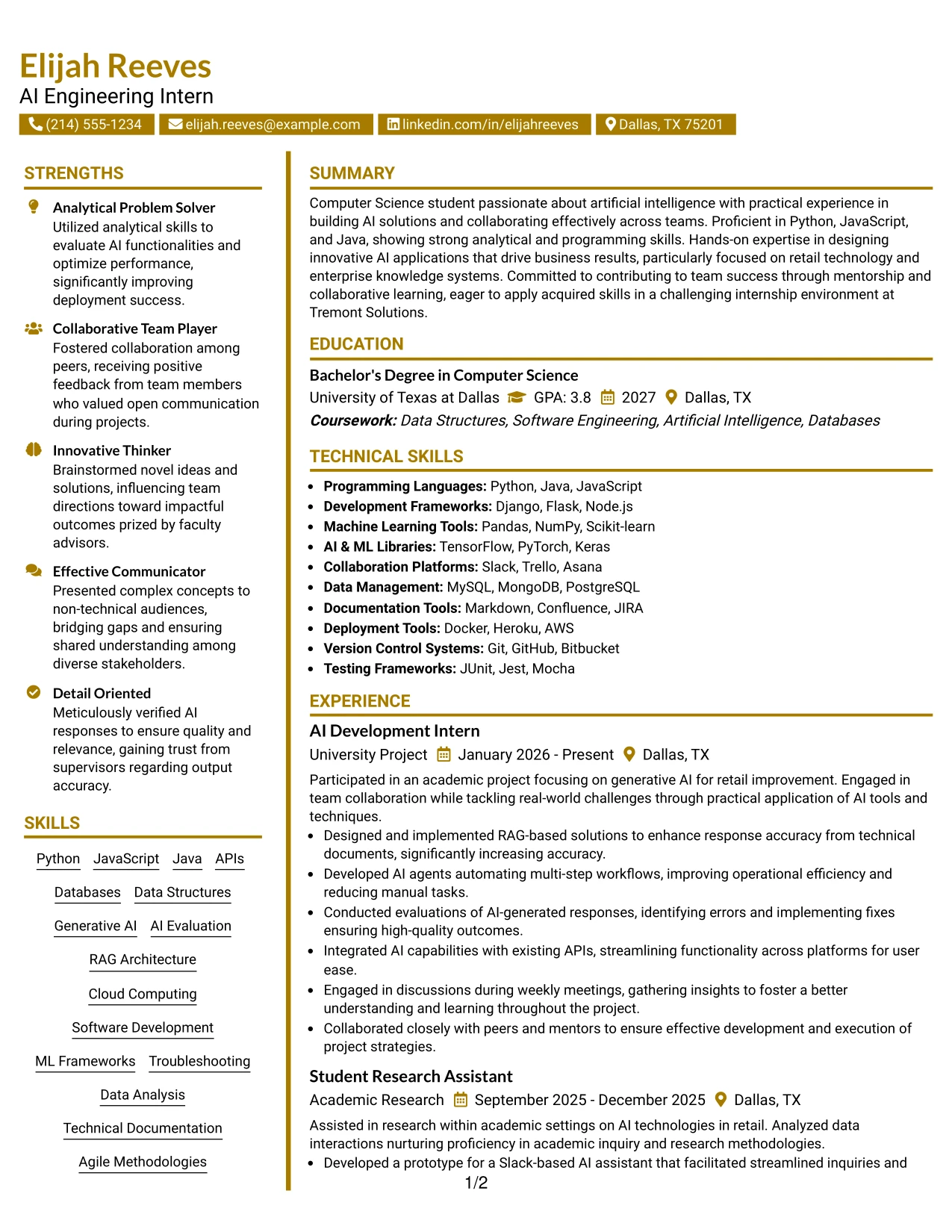 Resume Example Page 1