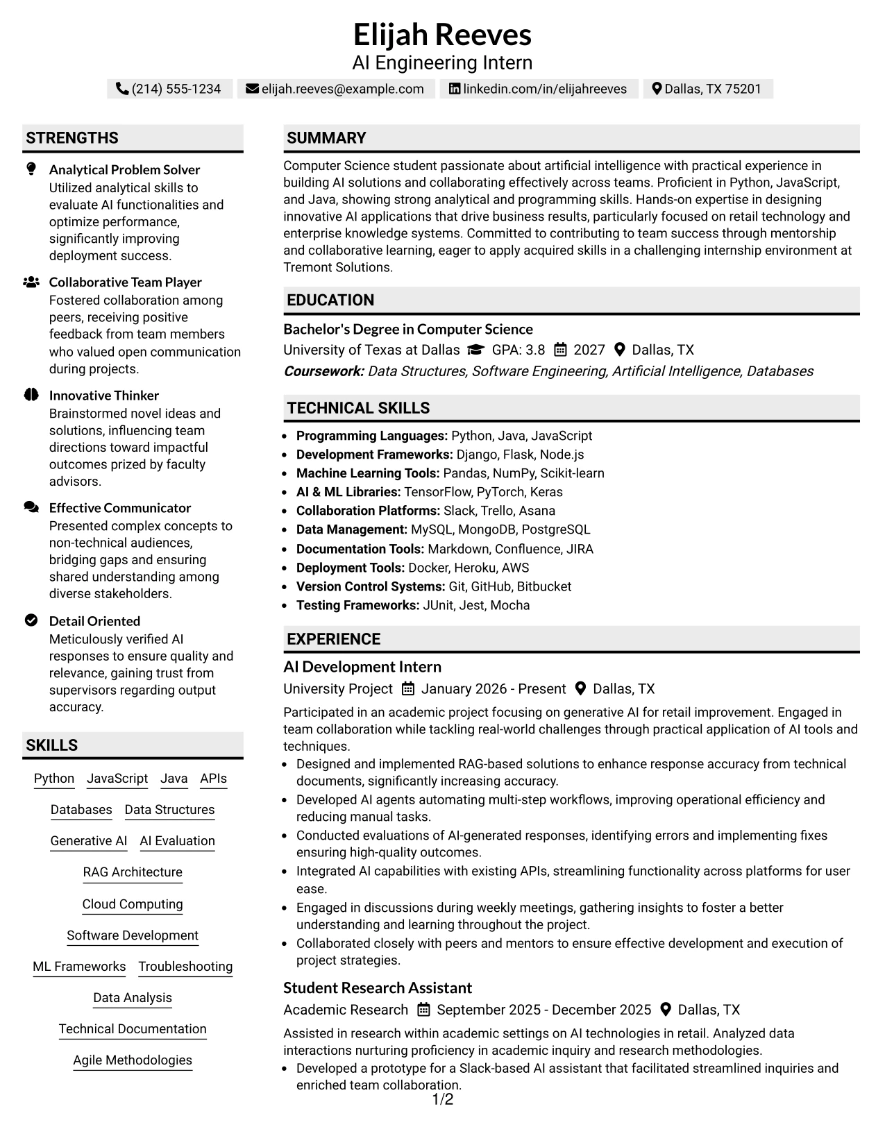 Resume Example Page 1