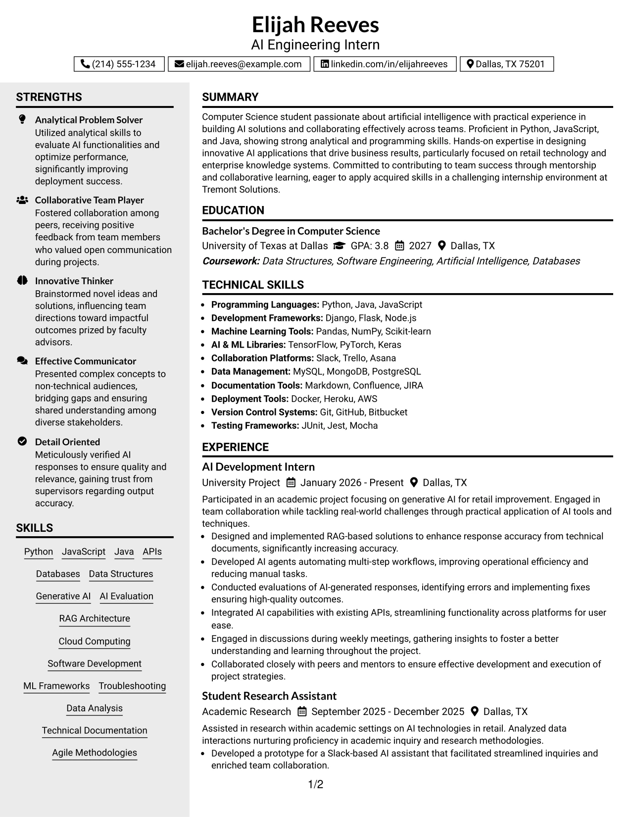 Resume Example Page 1