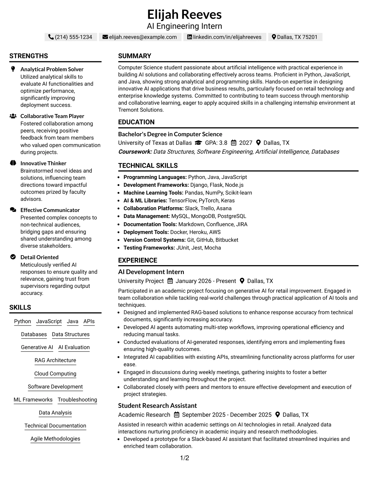Resume Example Page 1