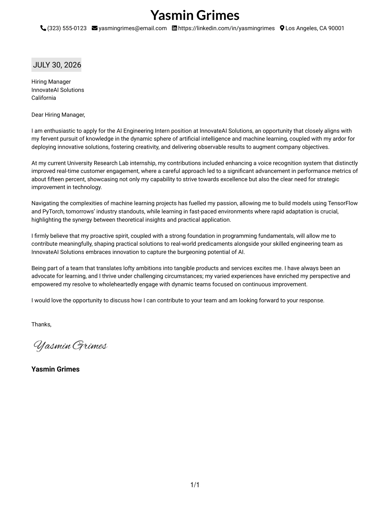 Resume Example Page 1