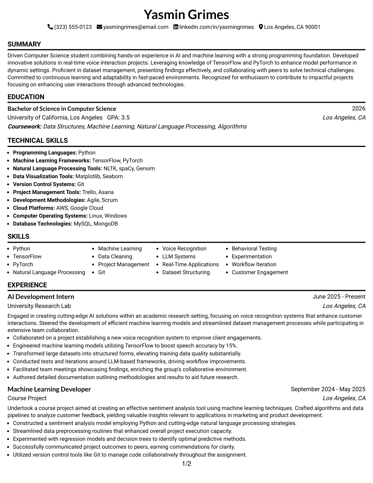 Resume Example Page 1