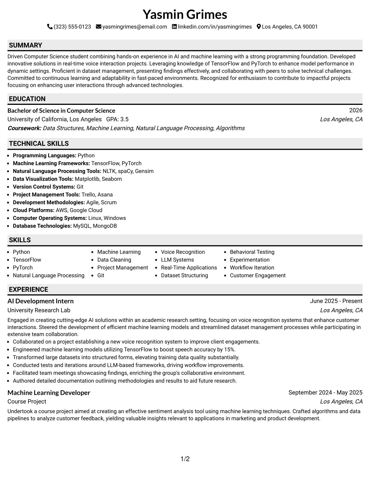 Resume Example Page 1