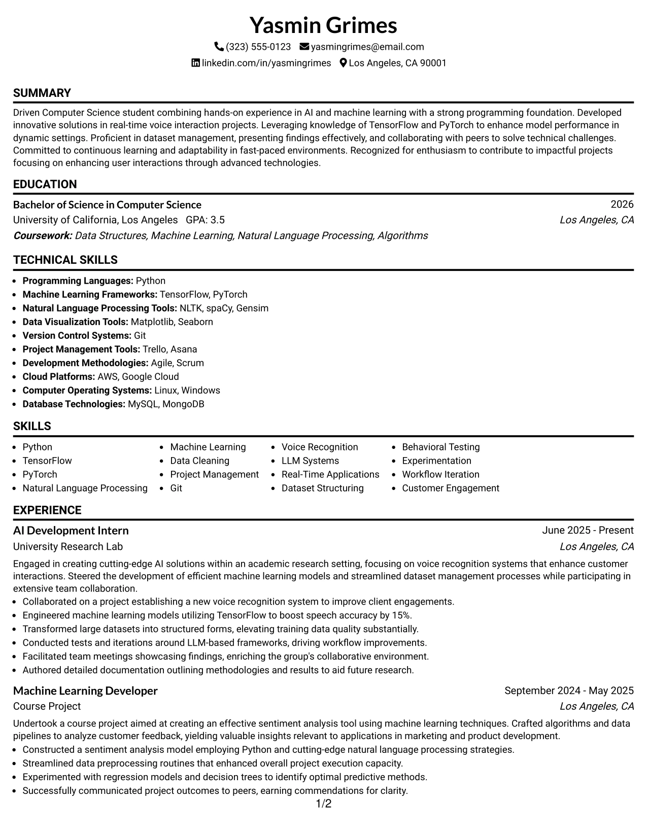 Resume Example Page 1