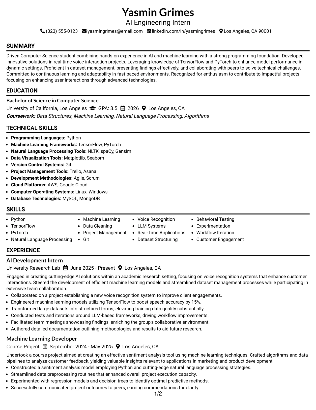 Resume Example Page 1