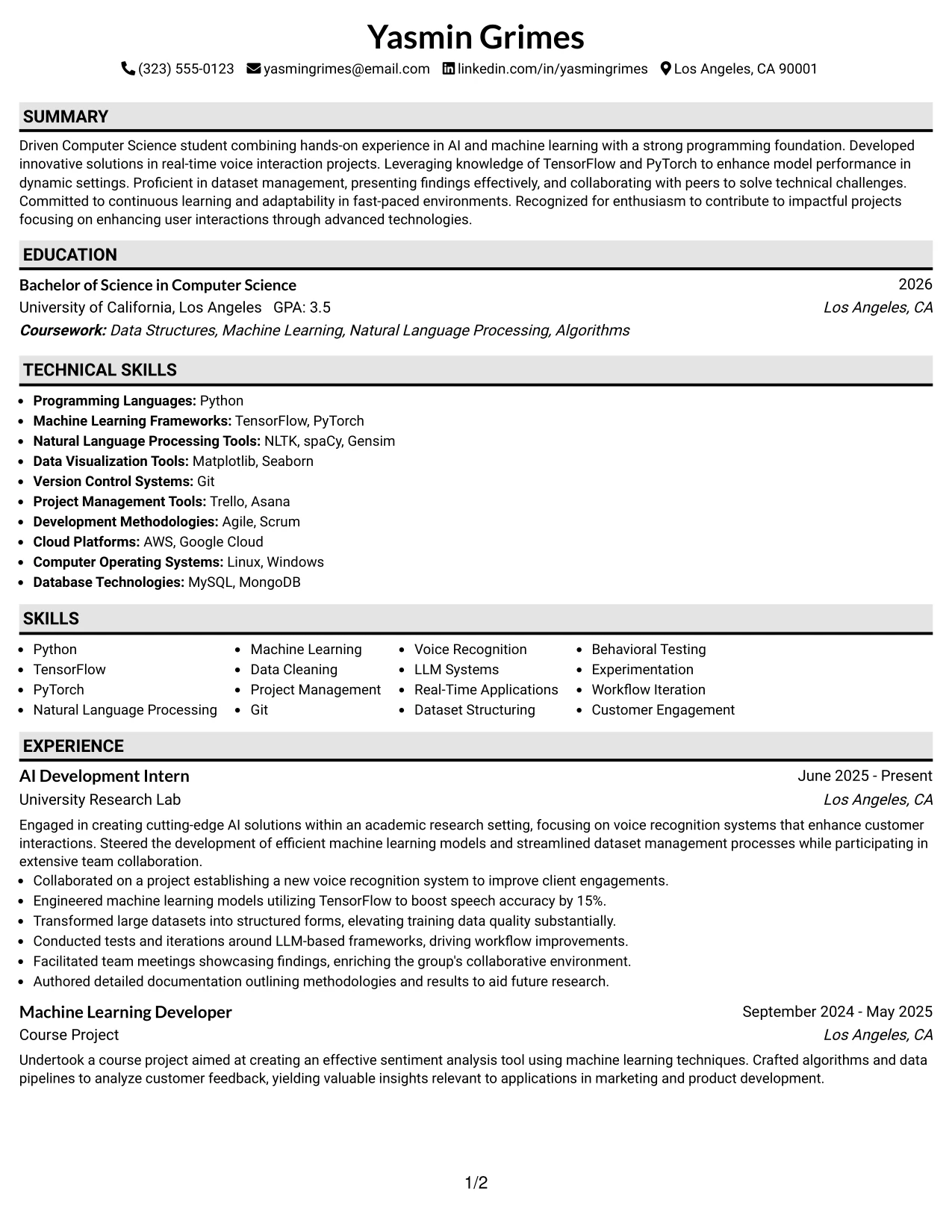 Resume Example Page 1