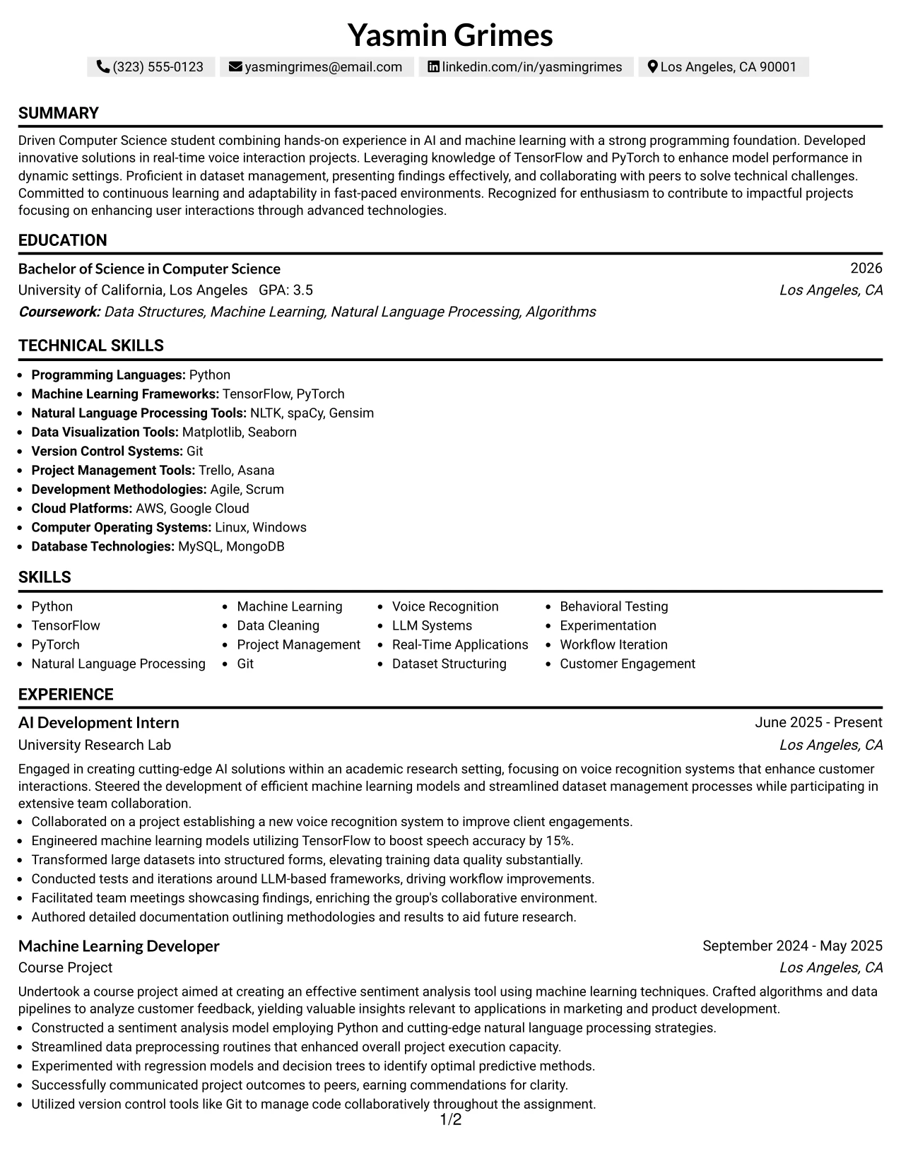 Resume Example Page 1