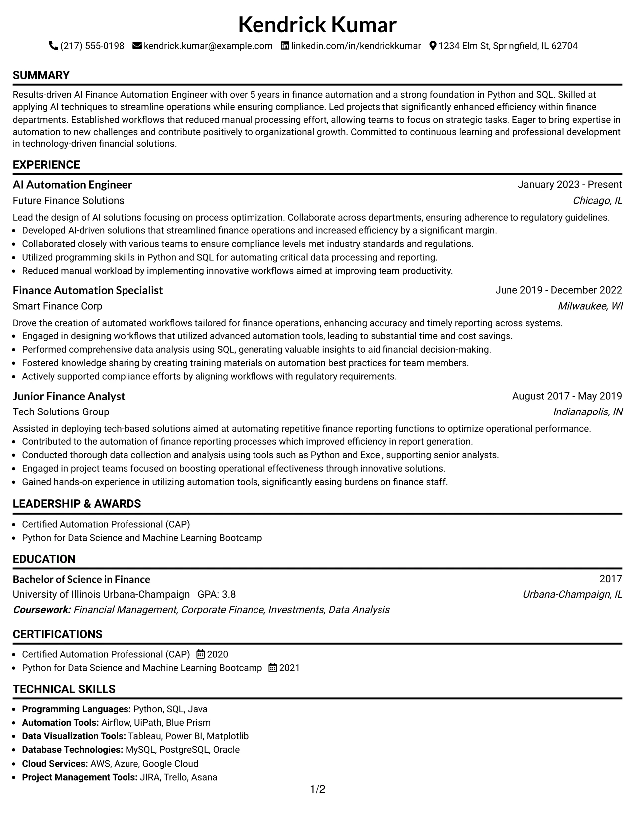 Resume Example Page 1