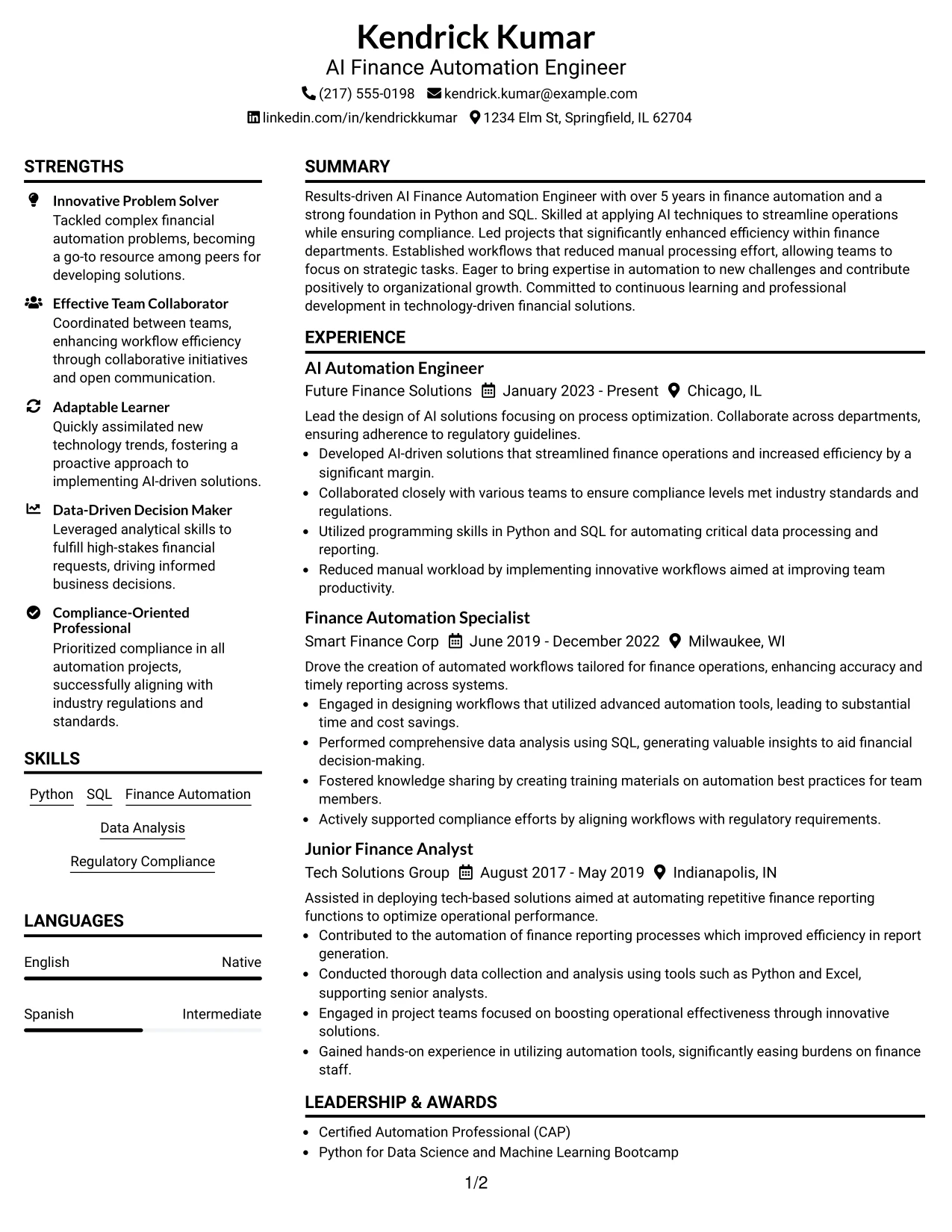 Resume Example Page 1