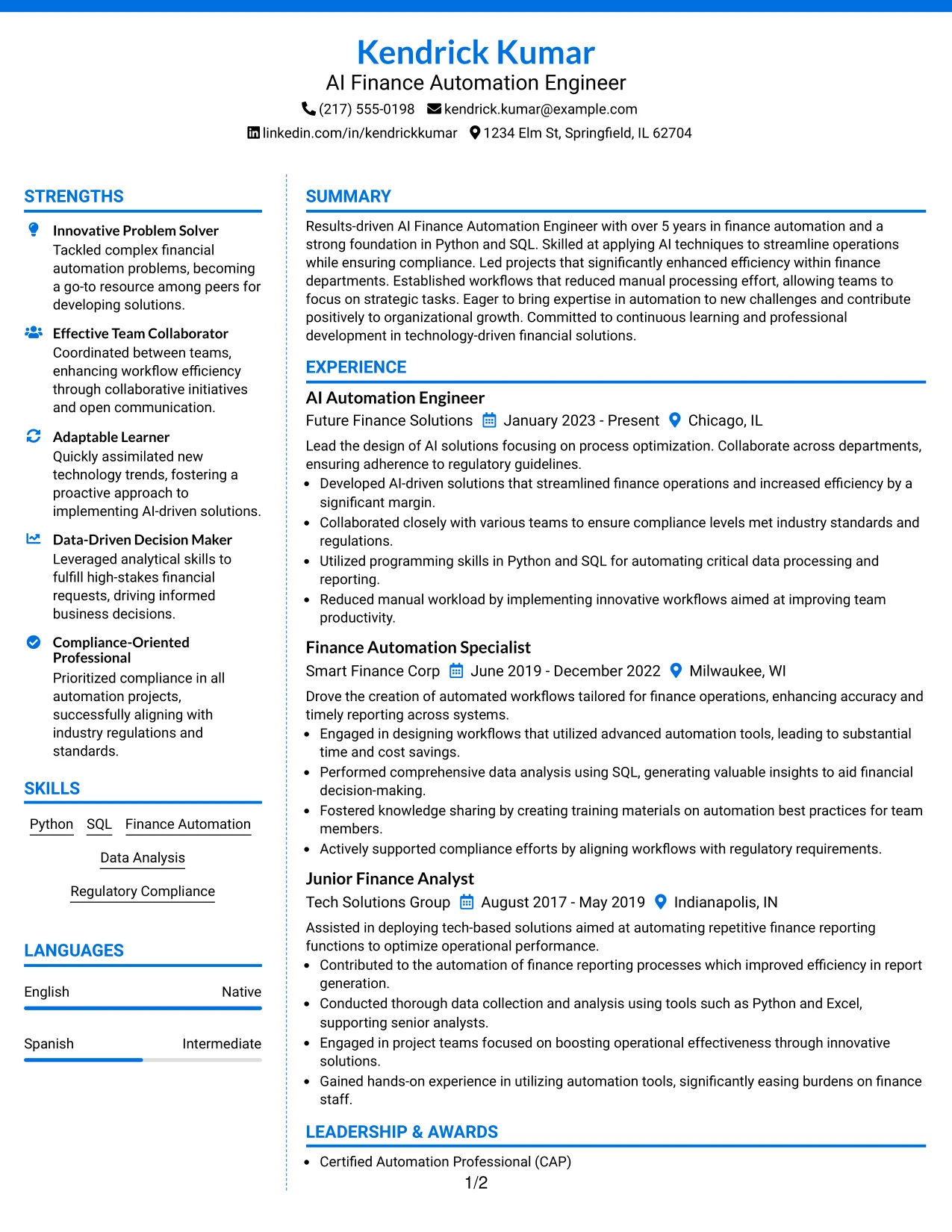Resume Example Page 1