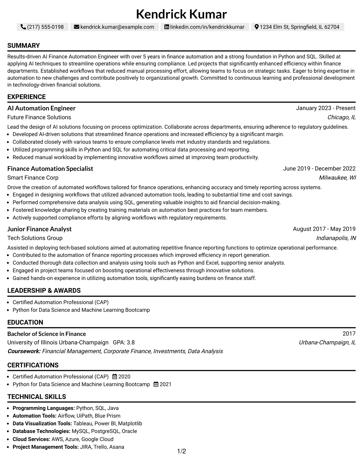 Resume Example Page 1