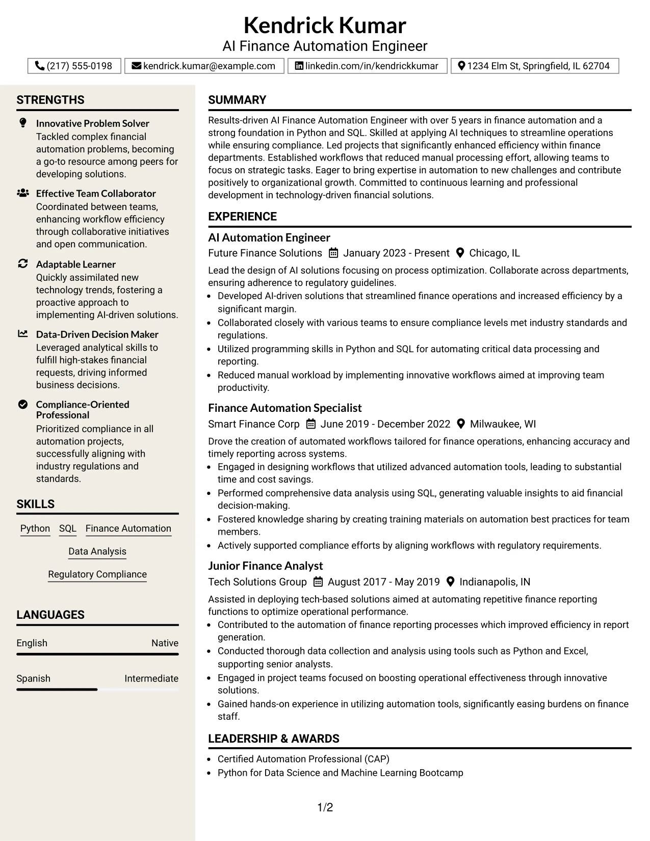 Resume Example Page 1