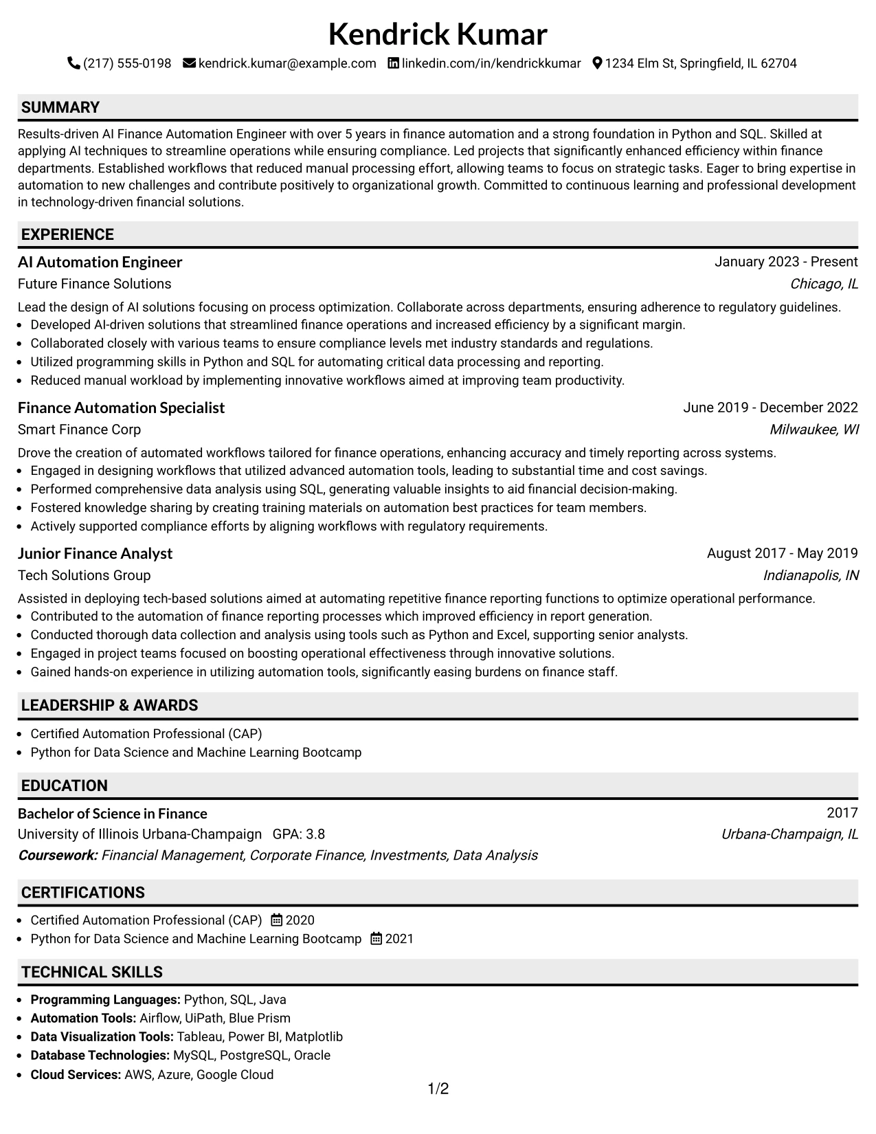 Resume Example Page 1