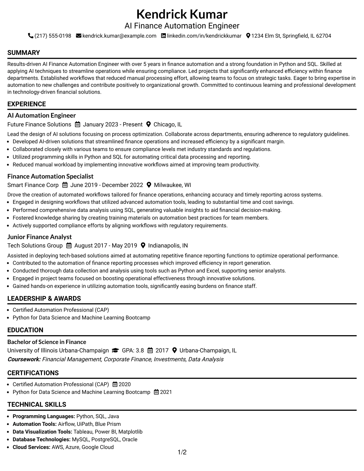 Resume Example Page 1