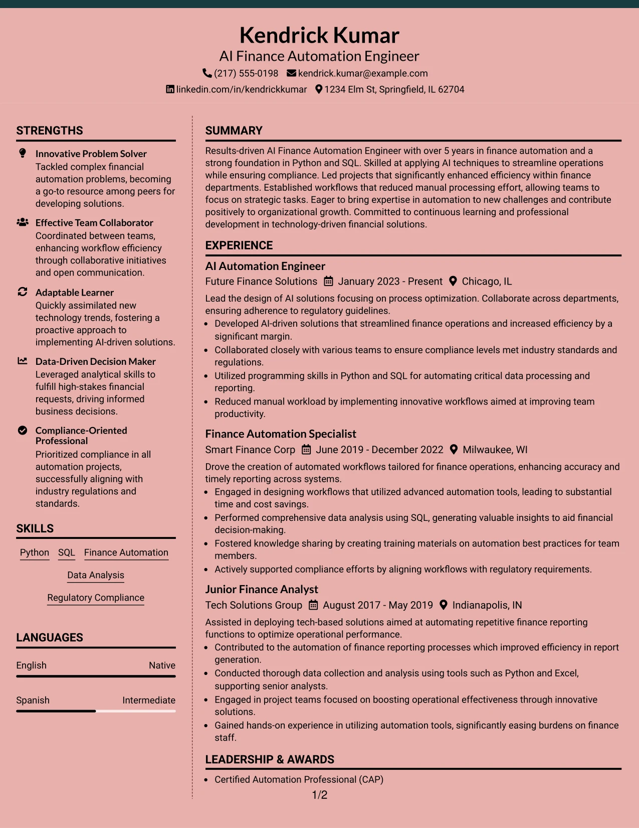 Resume Example Page 1