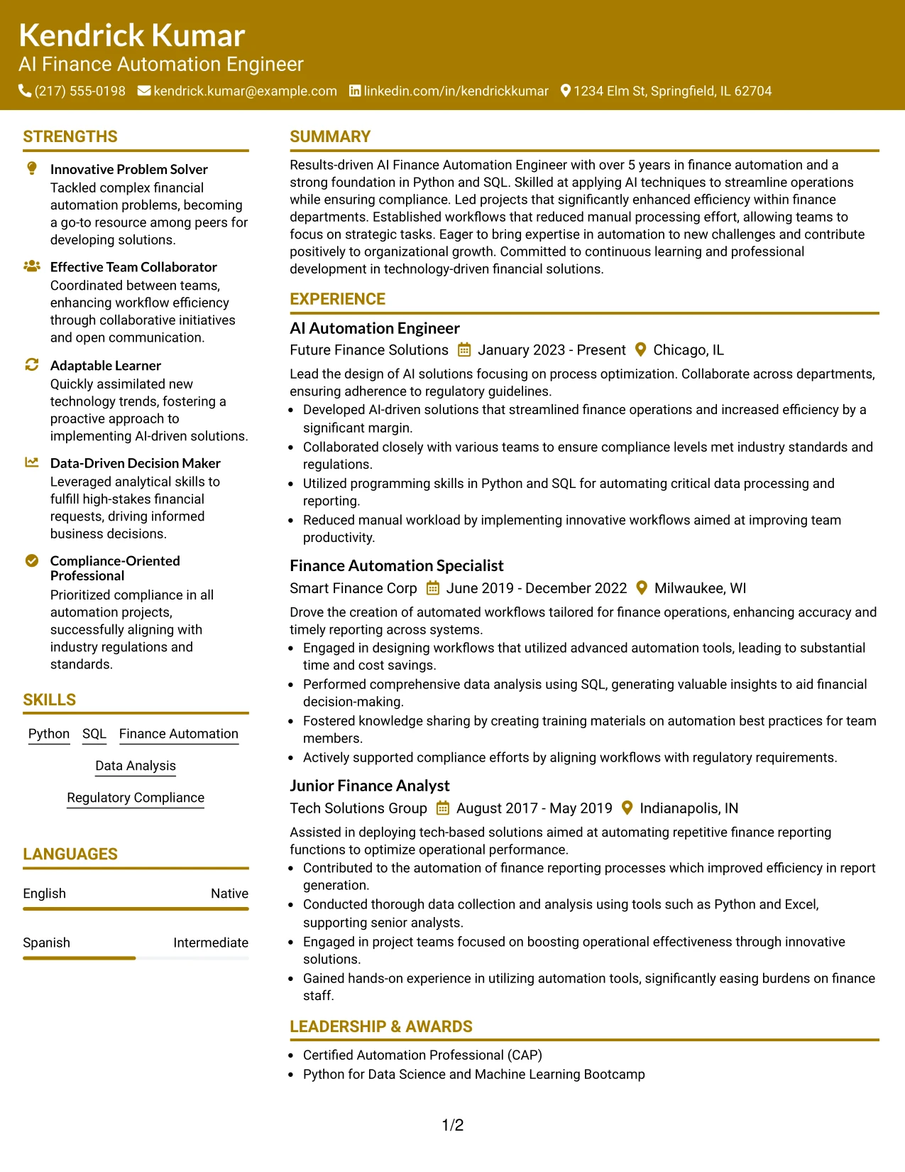 Resume Example Page 1