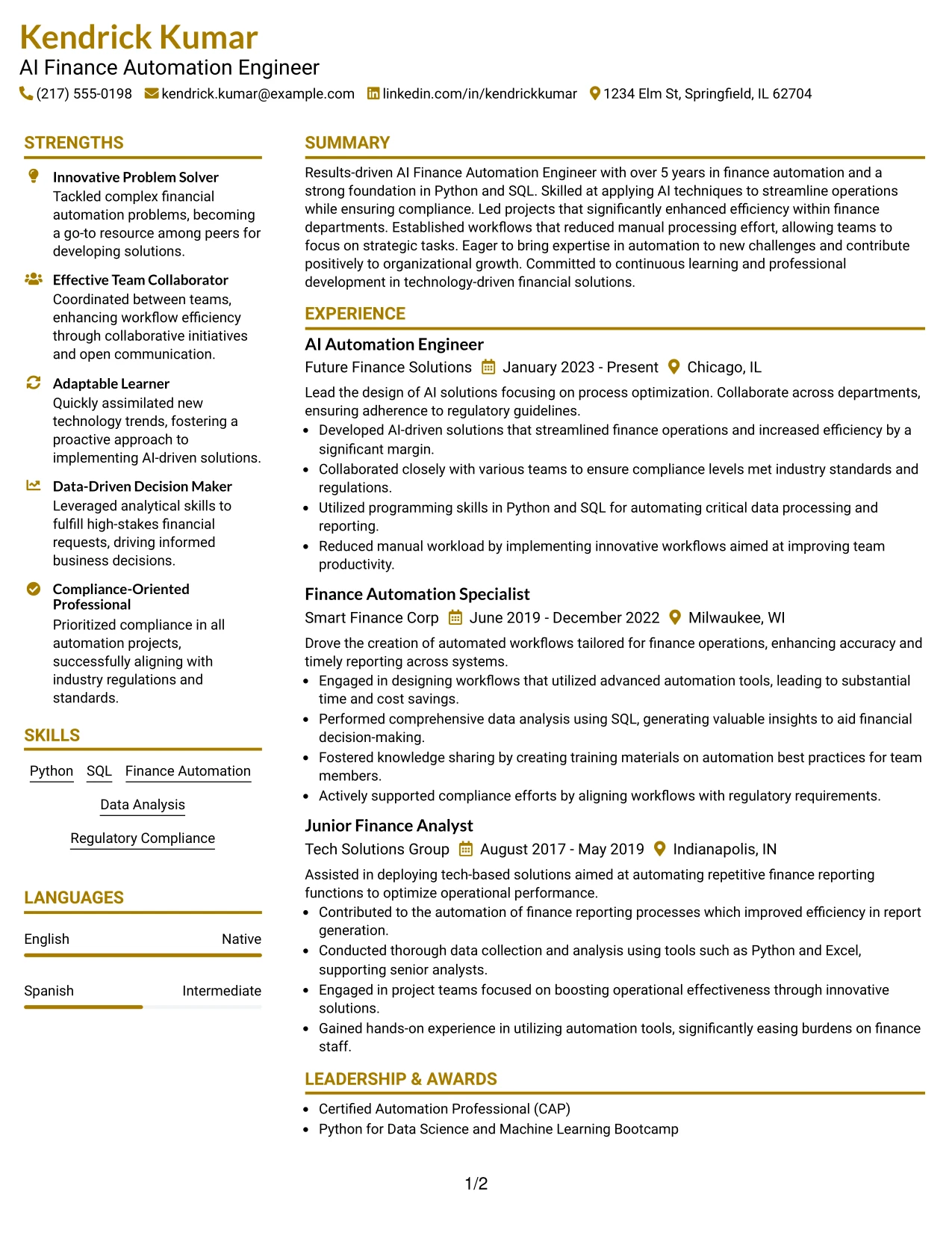 Resume Example Page 1