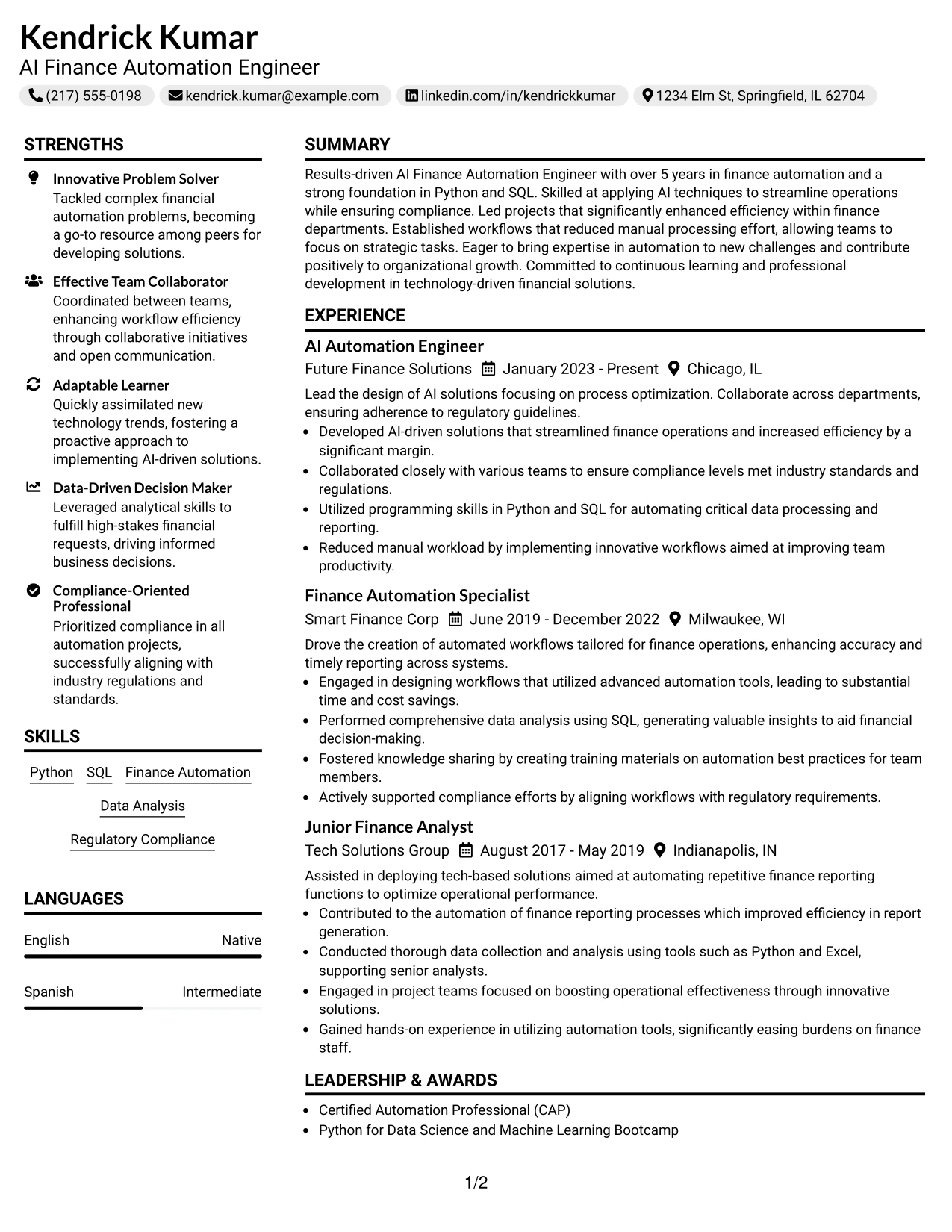 Resume Example Page 1