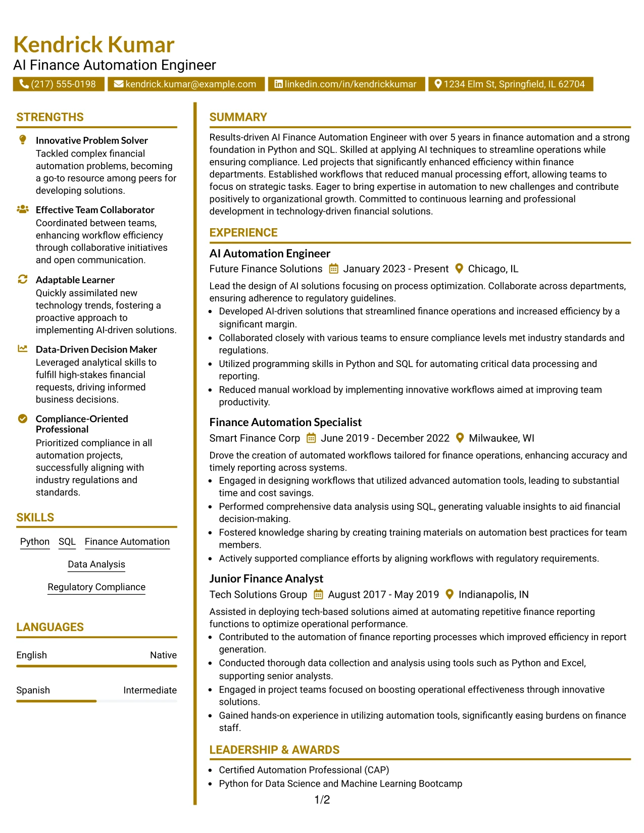 Resume Example Page 1