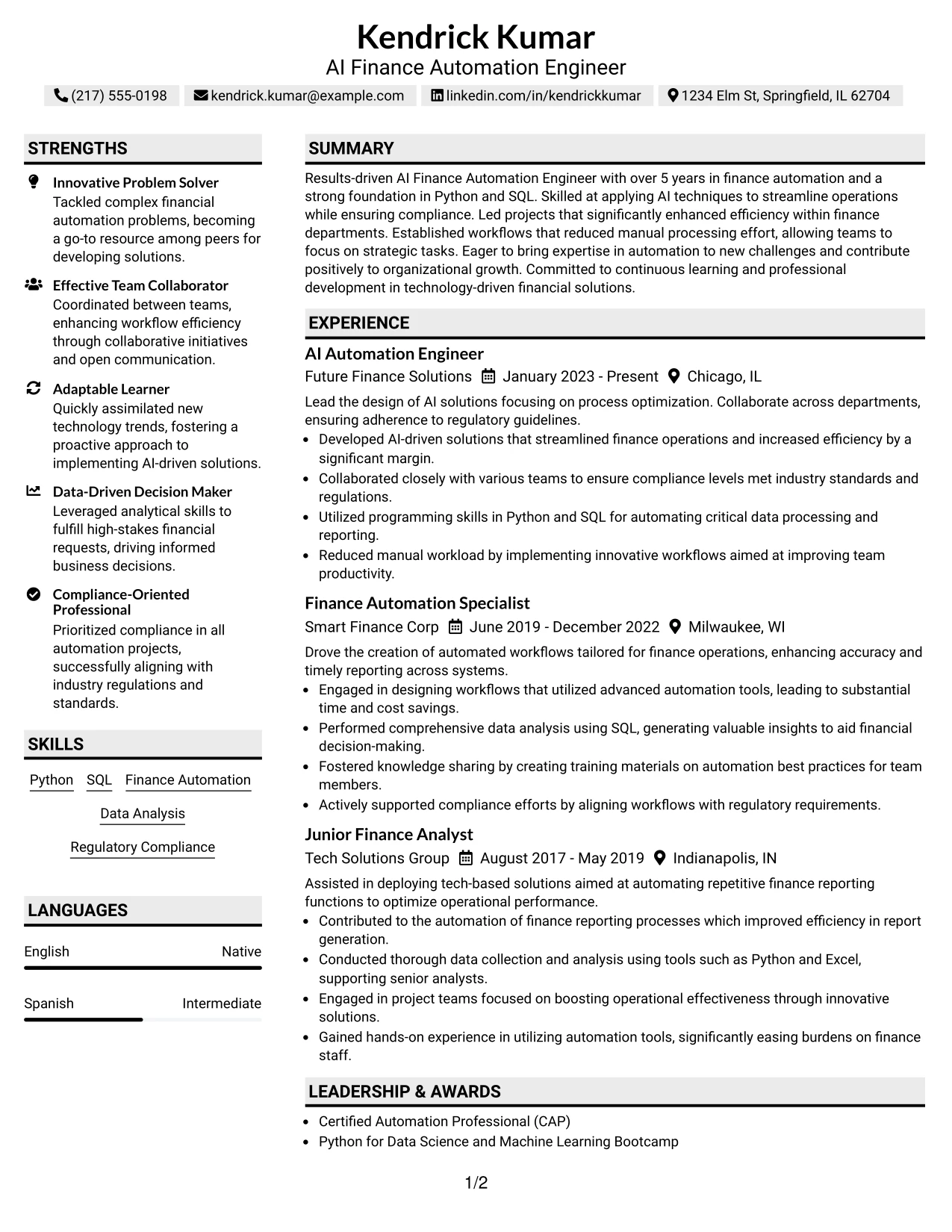 Resume Example Page 1
