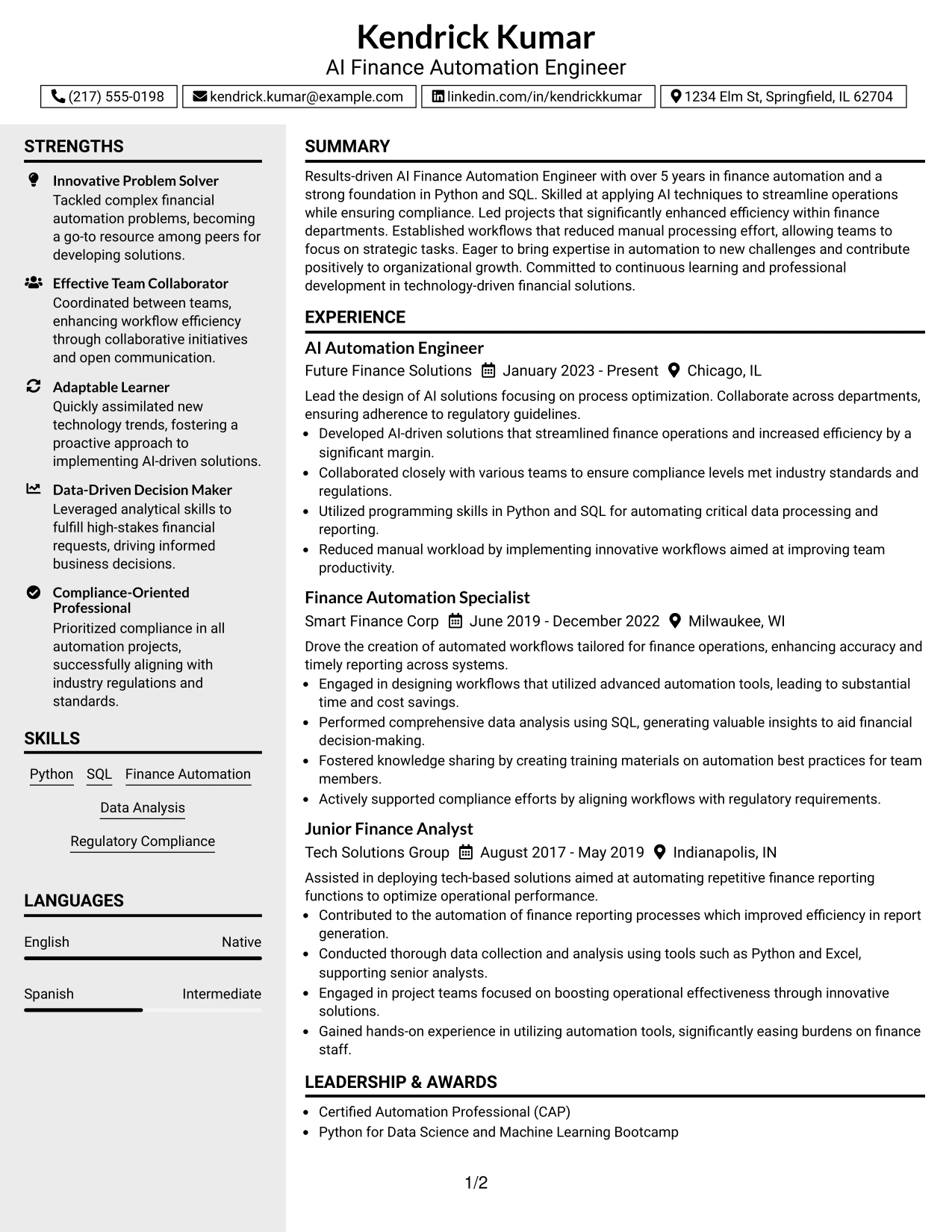 Resume Example Page 1