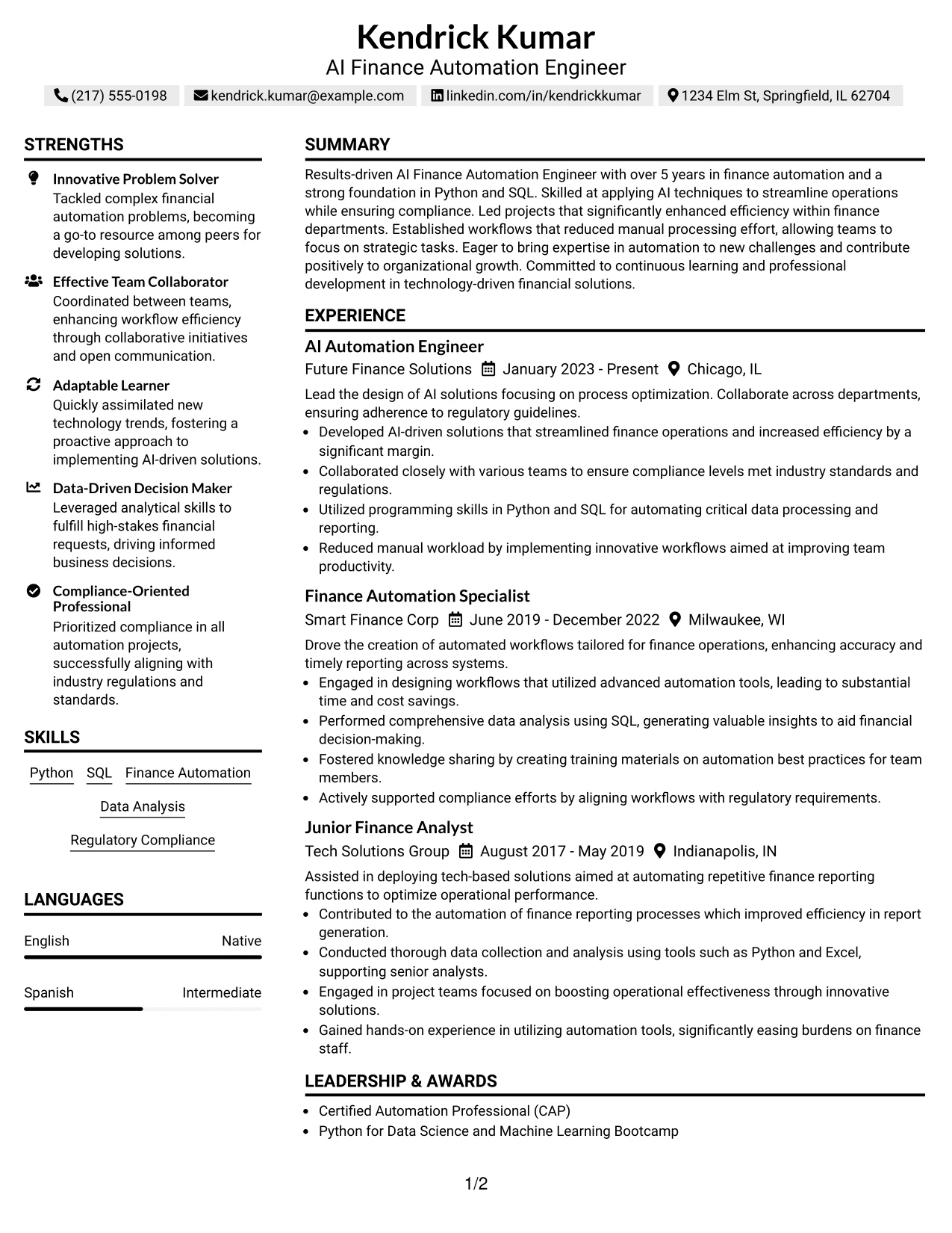 Resume Example Page 1