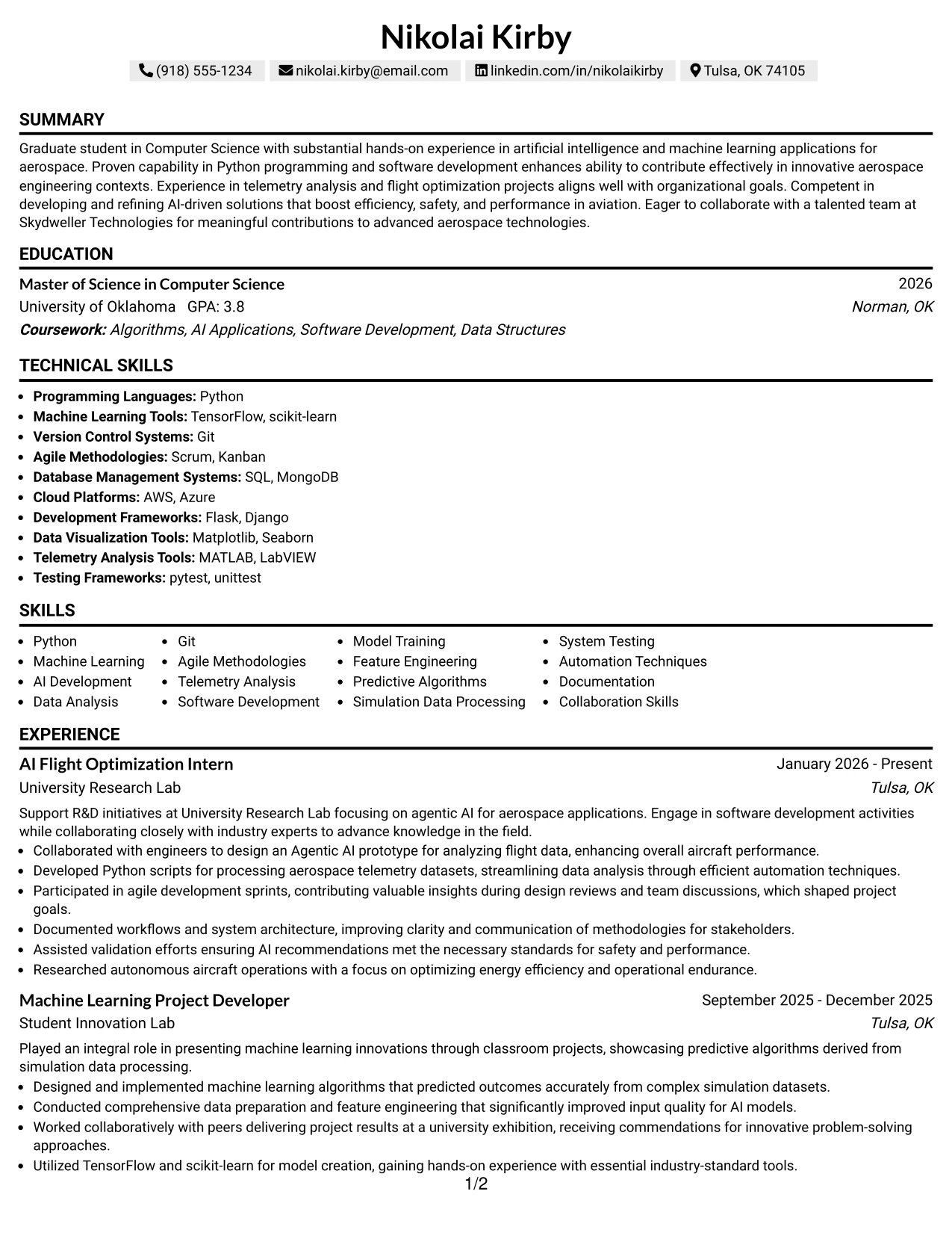 Resume Example Page 1