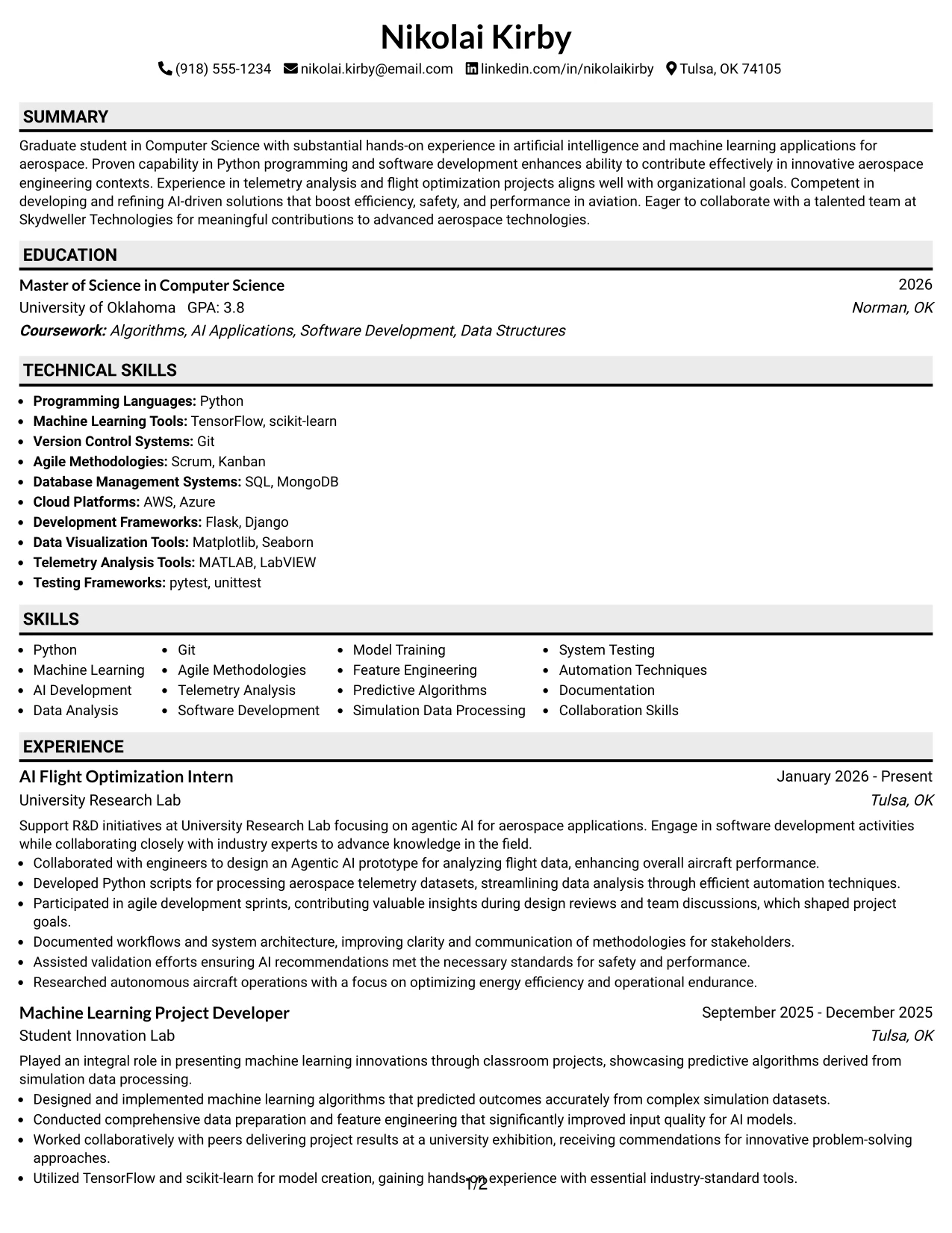 Resume Example Page 1