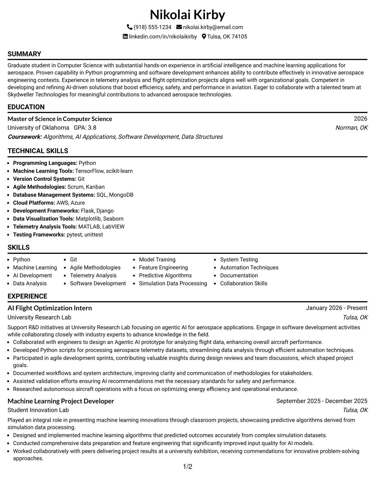 Resume Example Page 1